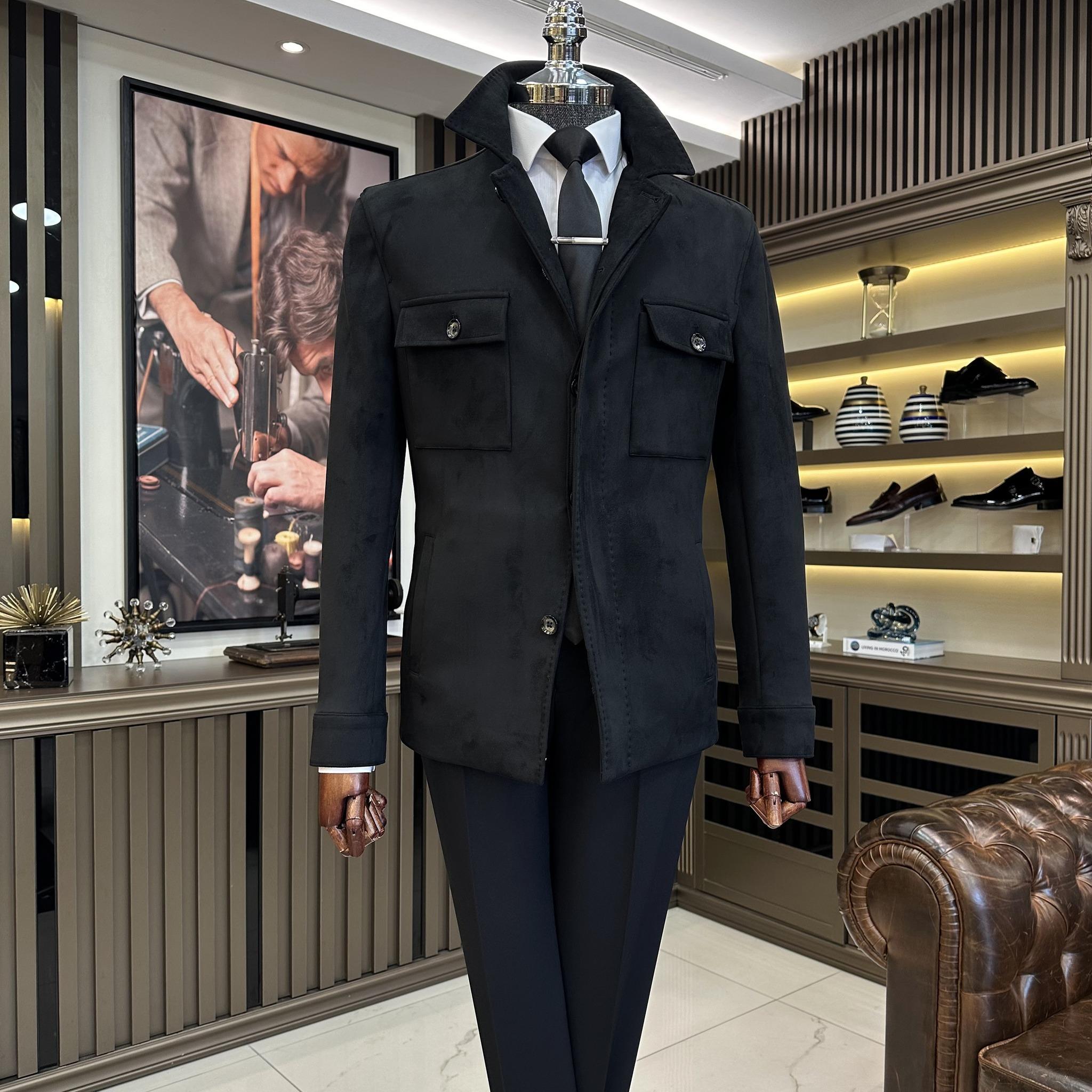 Italian style slim fit polo collar suede men s coat black T10816