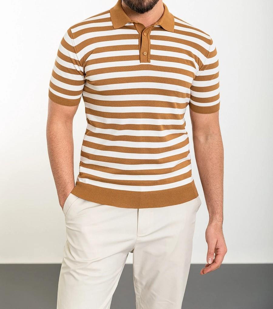 İtalyan stil slim fit polo yaka triko tişört camel T12388