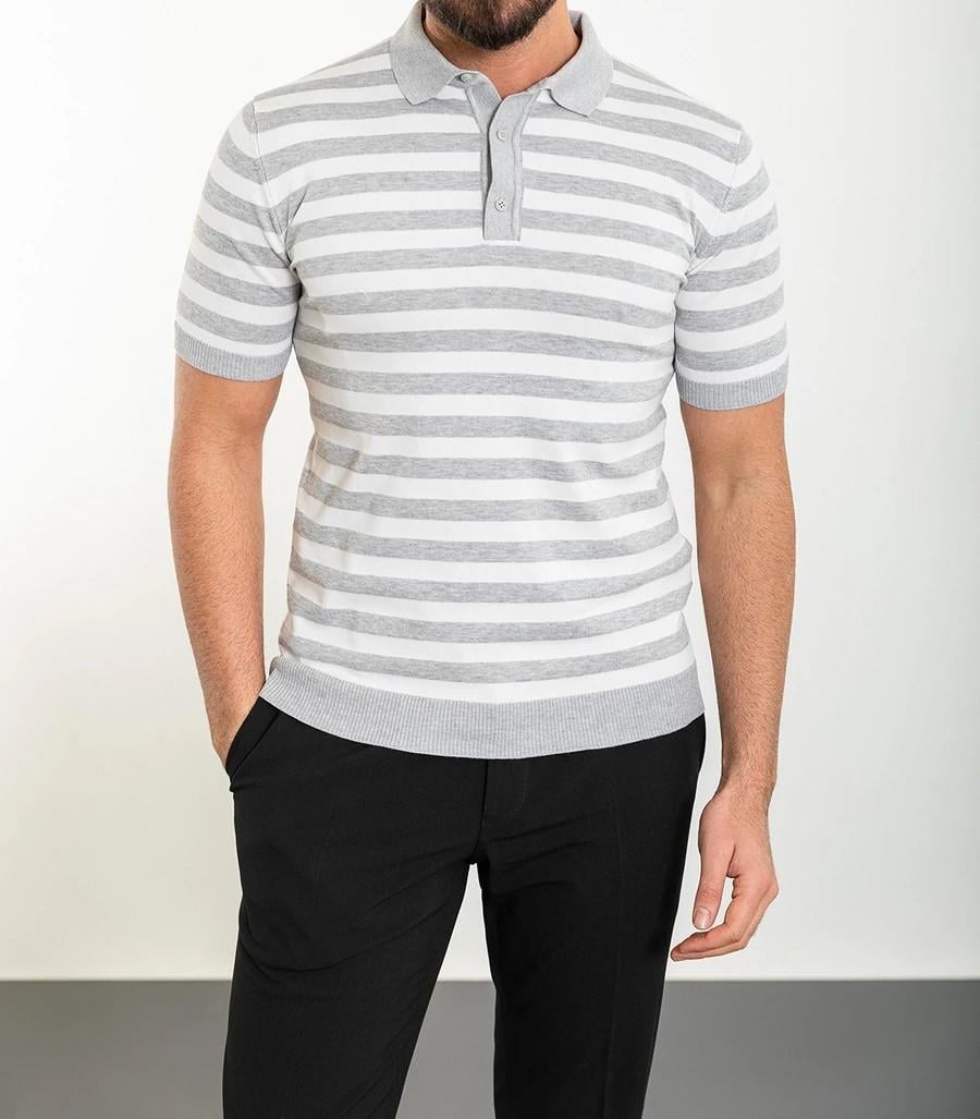 İtalyan stil slim fit polo yaka triko tişört gri T12383