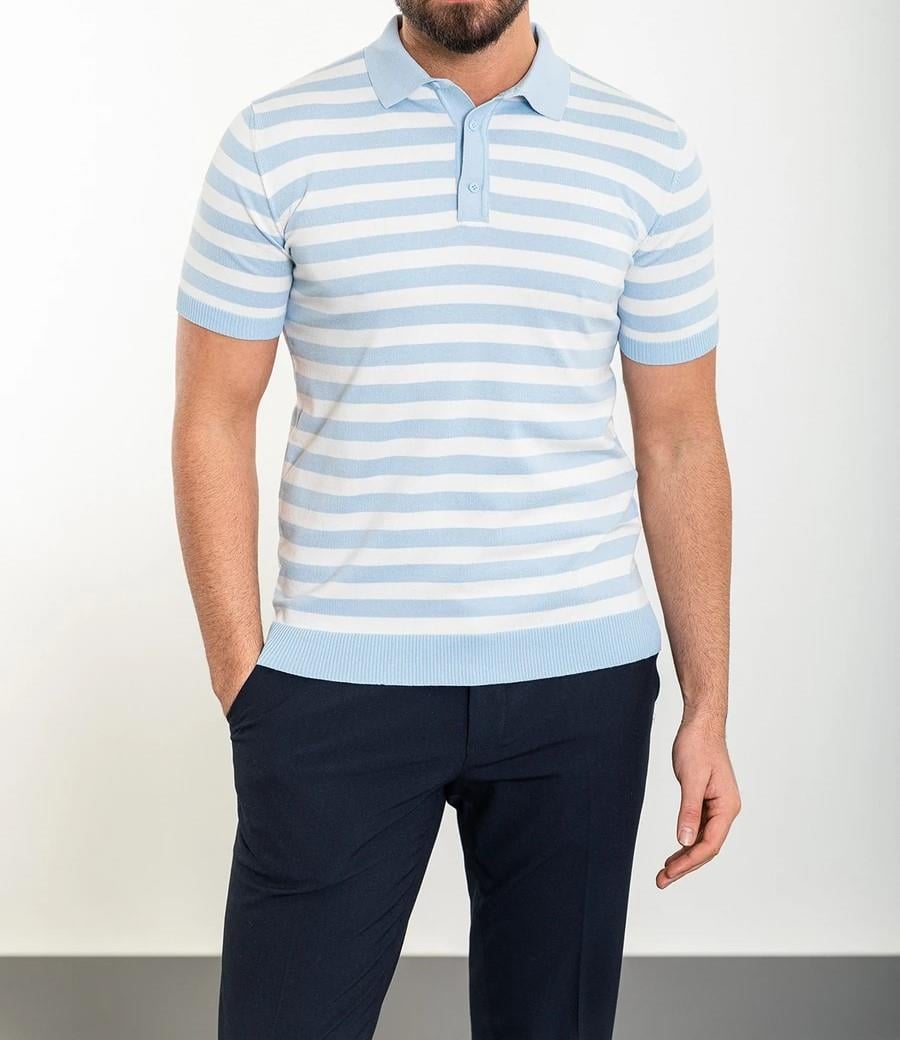 İtalyan stil slim fit polo yaka triko tişört mavi  T12386