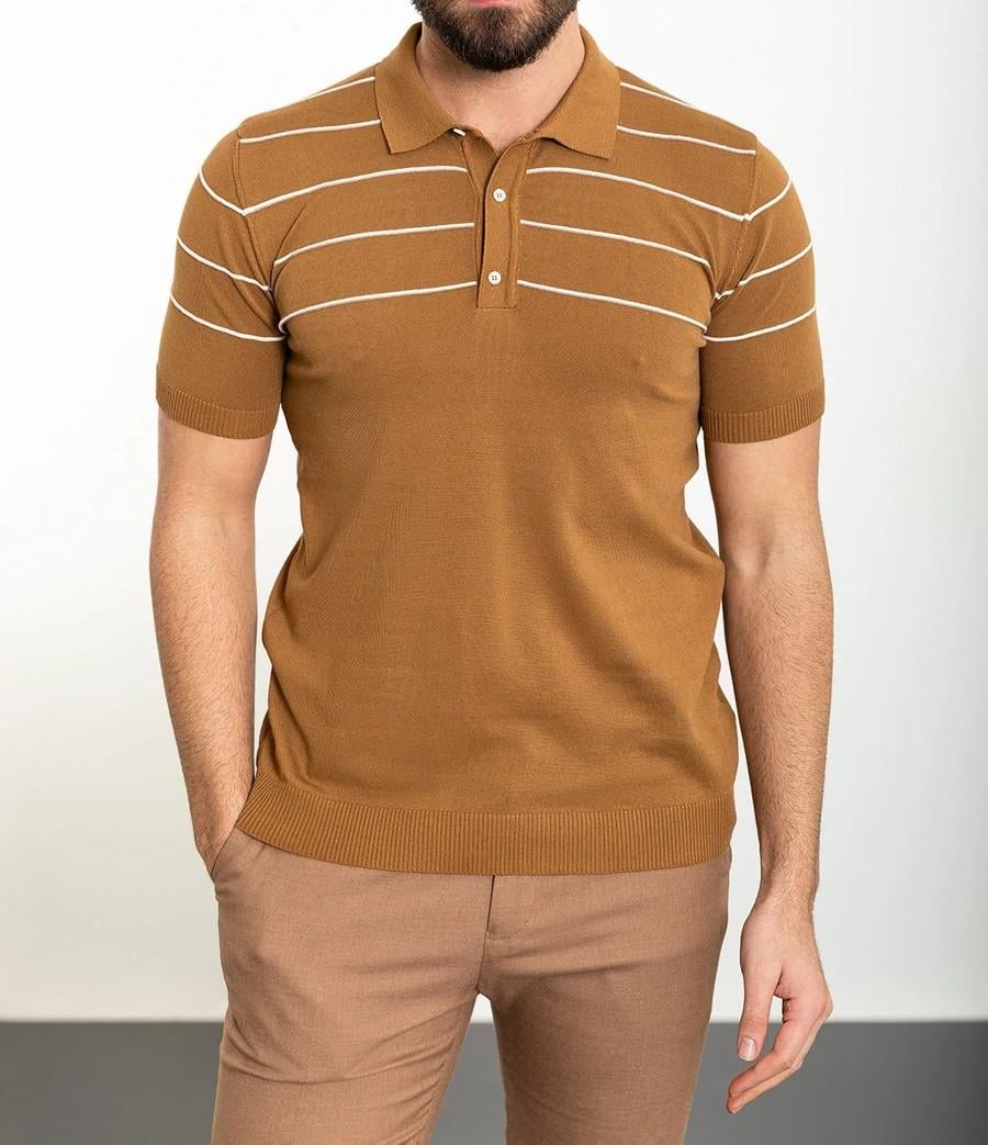 İtalyan stil slim fit polo yaka triko tişört camel T11824