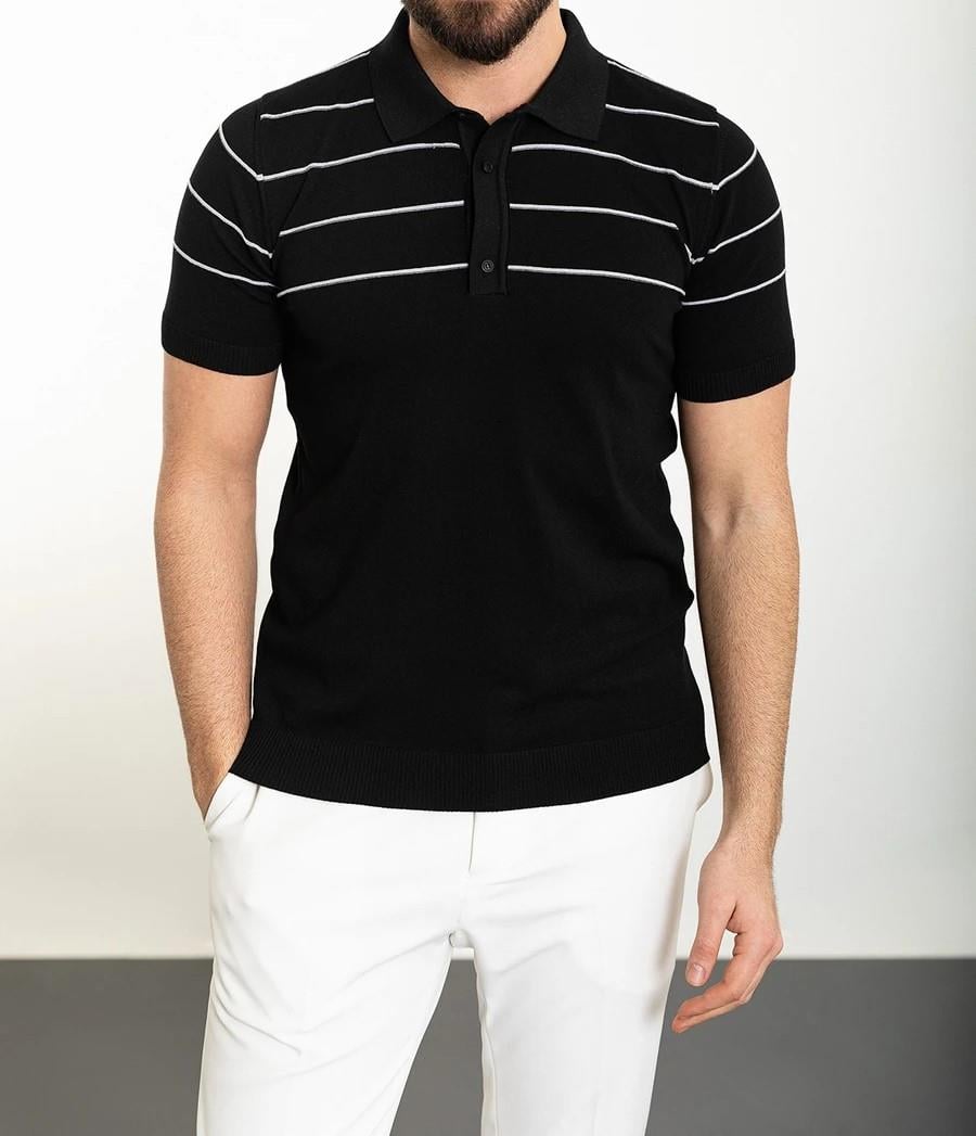 İtalyan stil slim fit polo yaka triko tişört siyah T11829