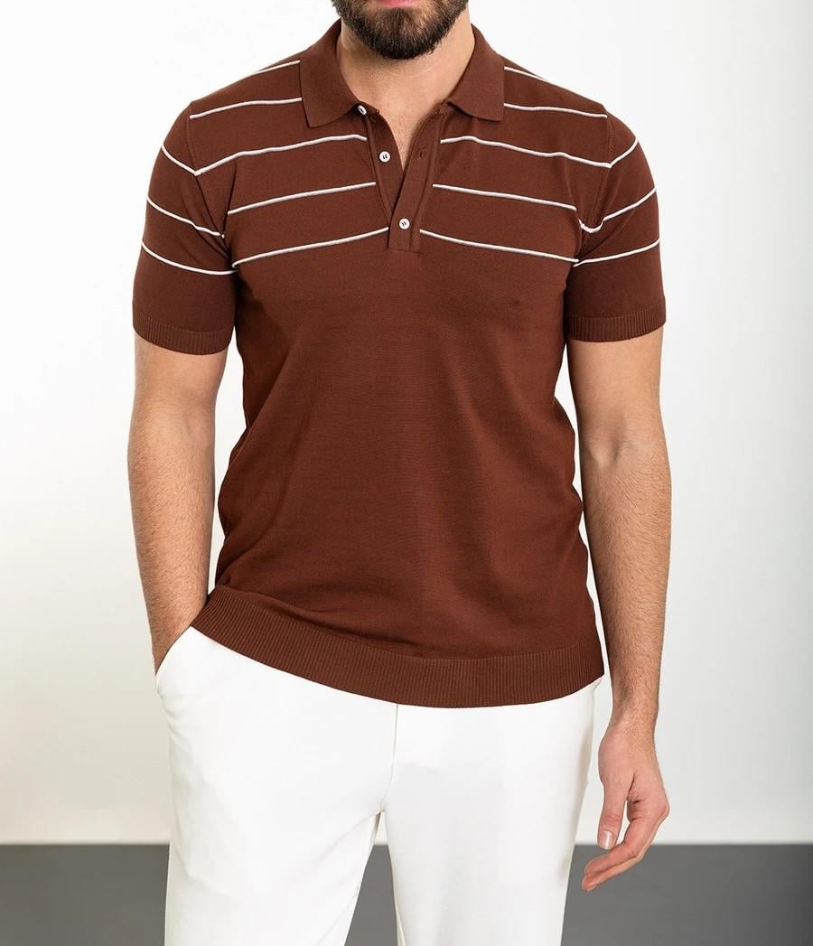 İtalyan stil slim fit polo yaka triko tişört kiremit T11828