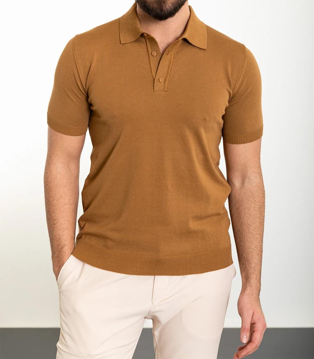 İtalyan stil slim fit polo yaka triko tişört camel T11770