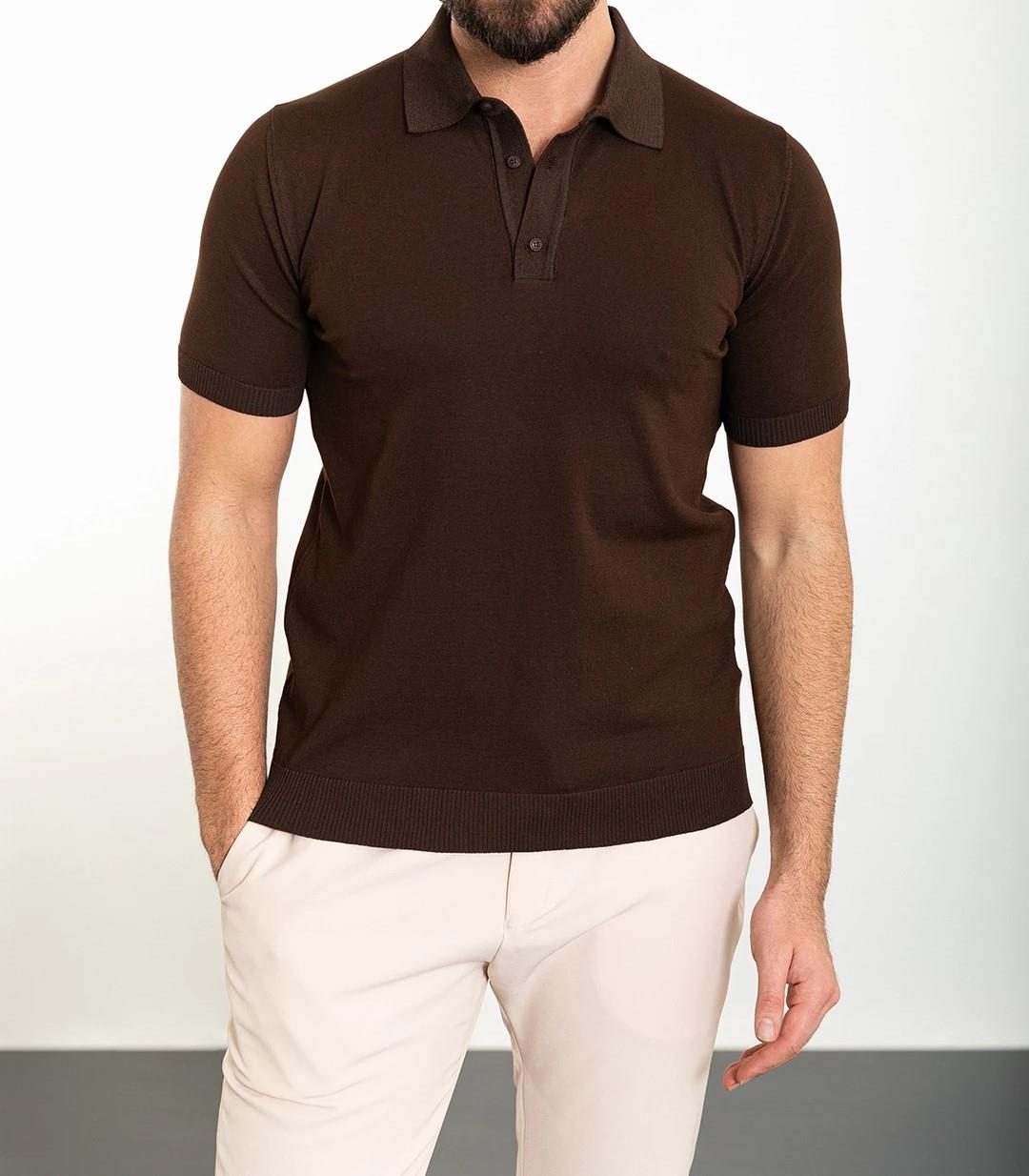 İtalyan stil slim fit polo yaka triko tişört kiremit T11771