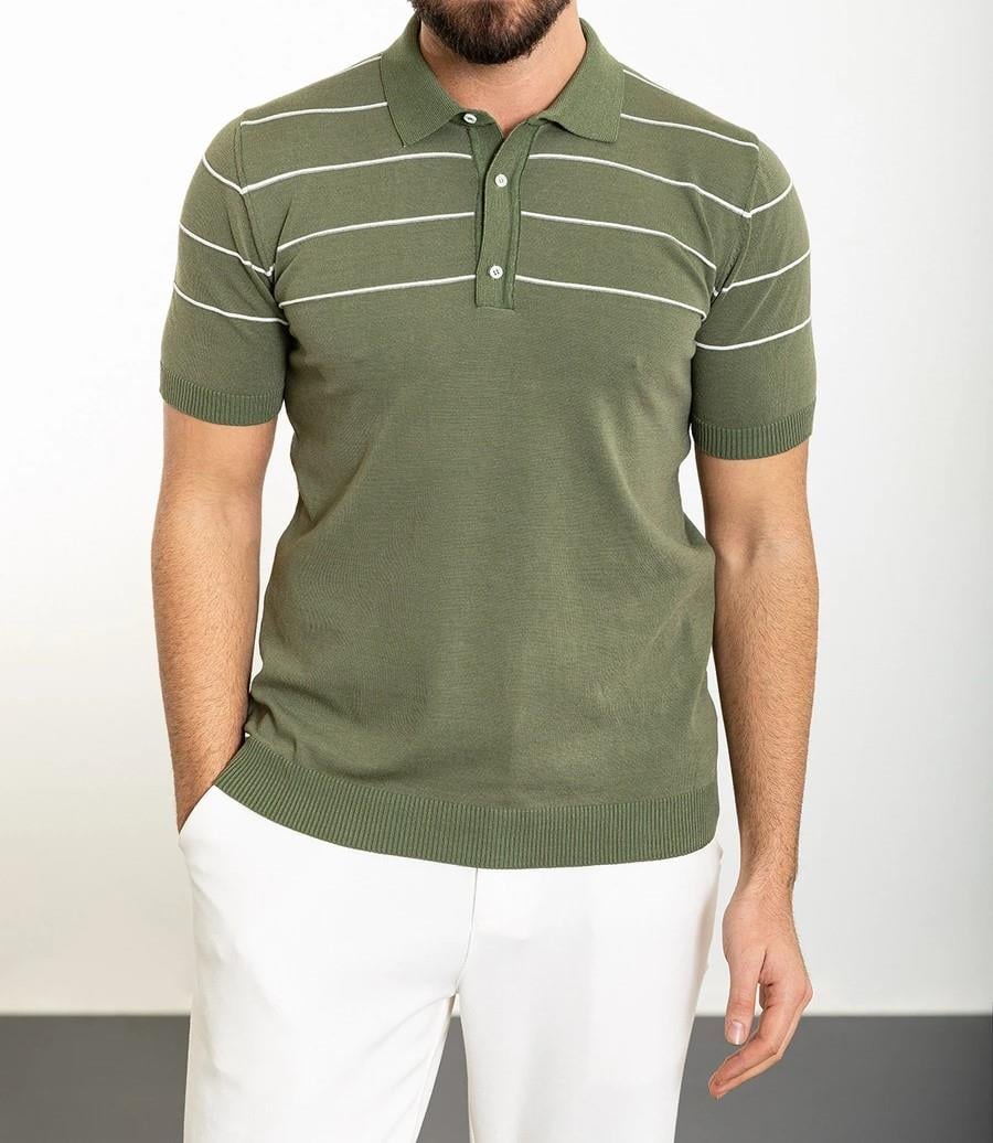 İtalyan stil slim fit polo yaka triko tişört haki T11826