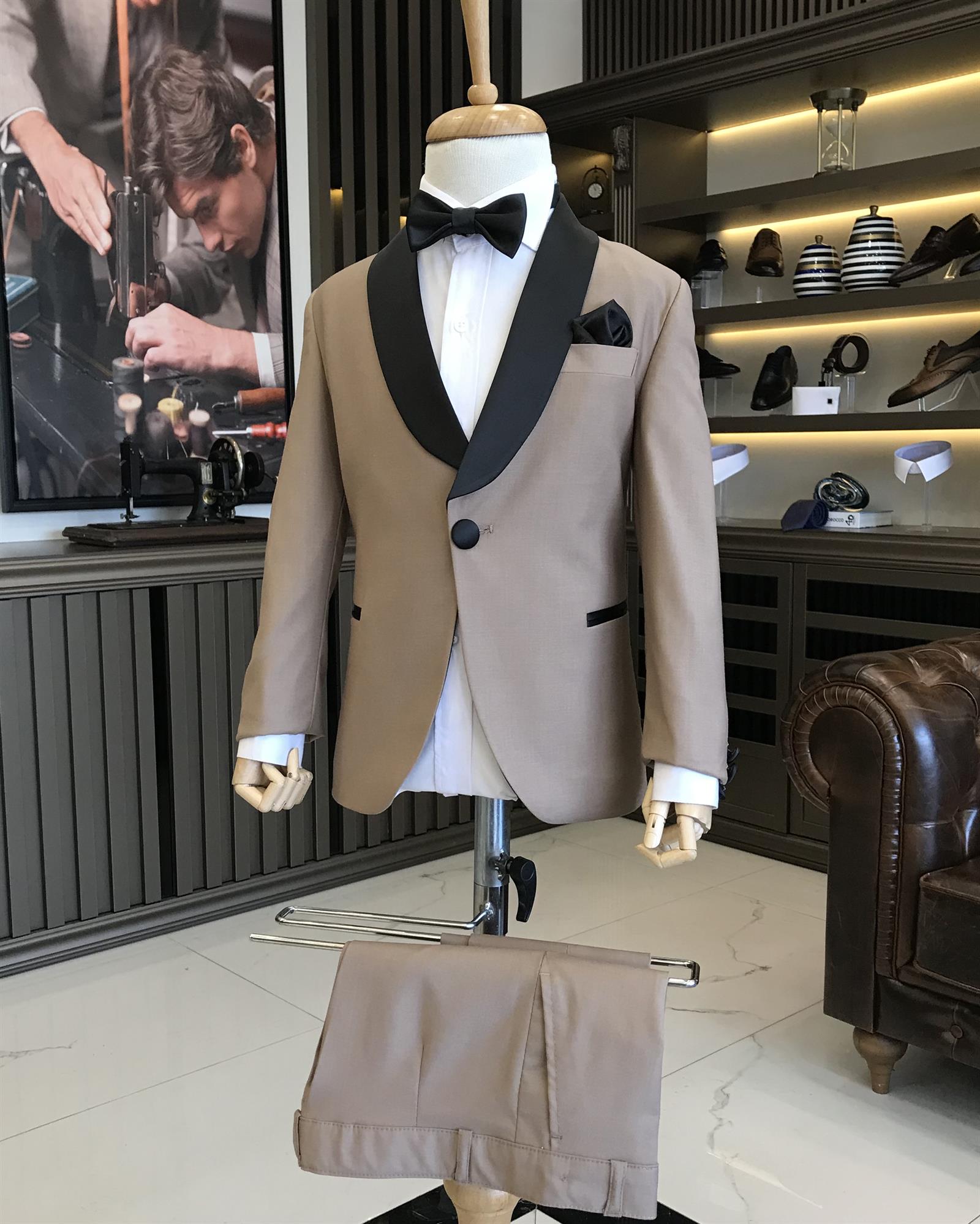 İtalyan stil slim fit şal yaka ceket pantolon çocuk smokin set vizon T8825