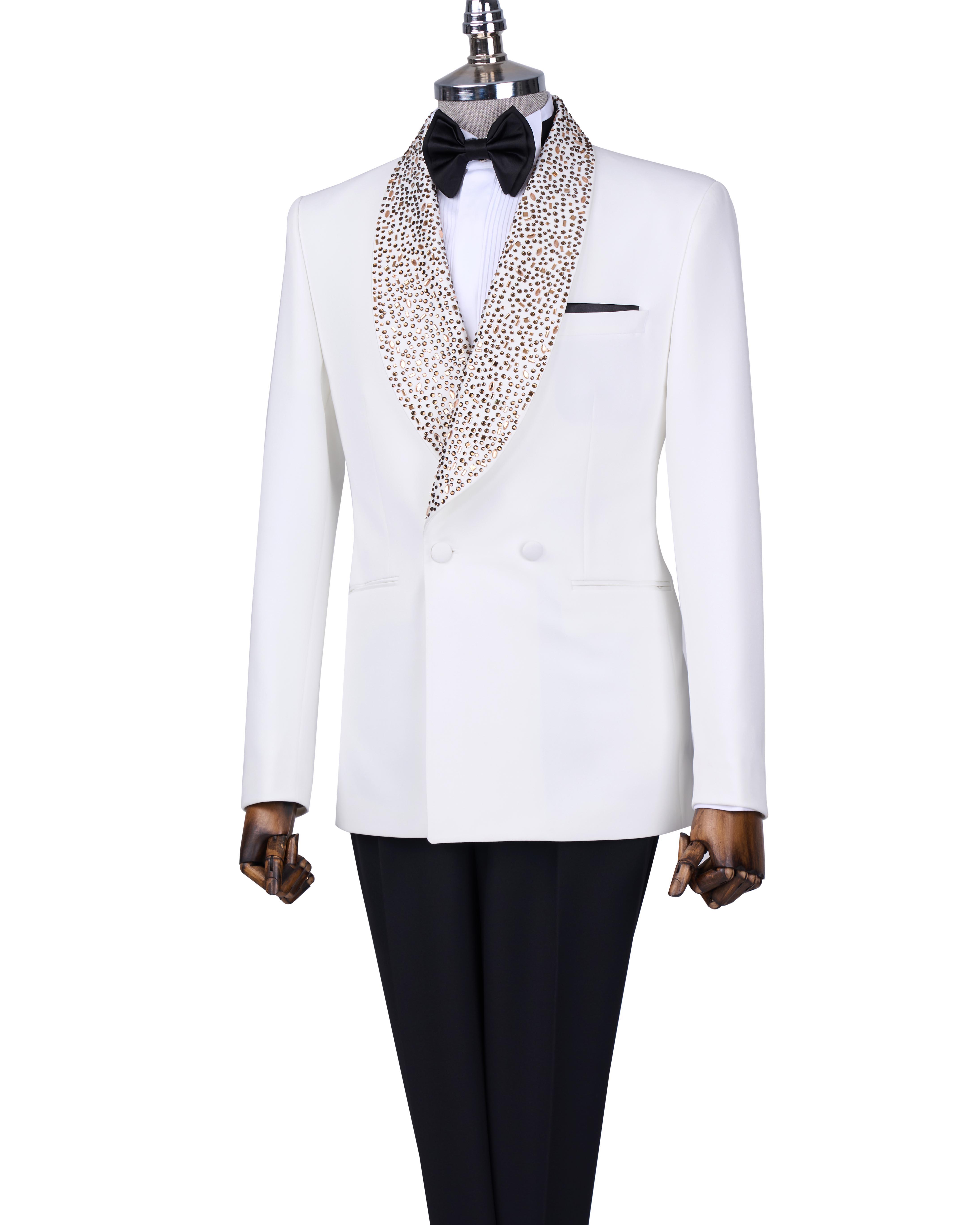 İtalyan stil slim fit şal yaka ceket pantolon damatlık set beyaz T13702