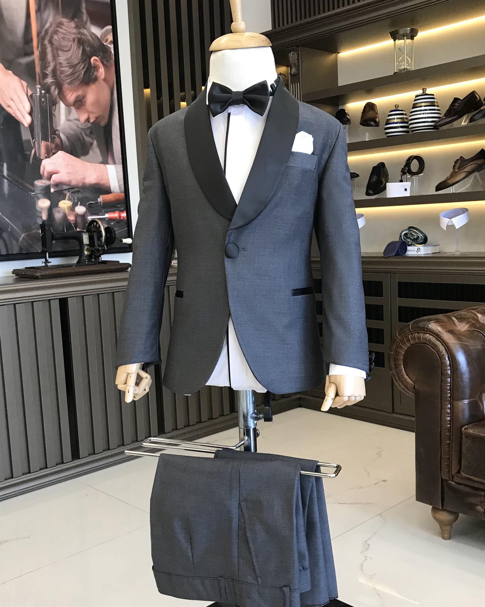 İtalyan stil slim fit şal yaka ceket pantolon çocuk smokin set antrasit T8818
