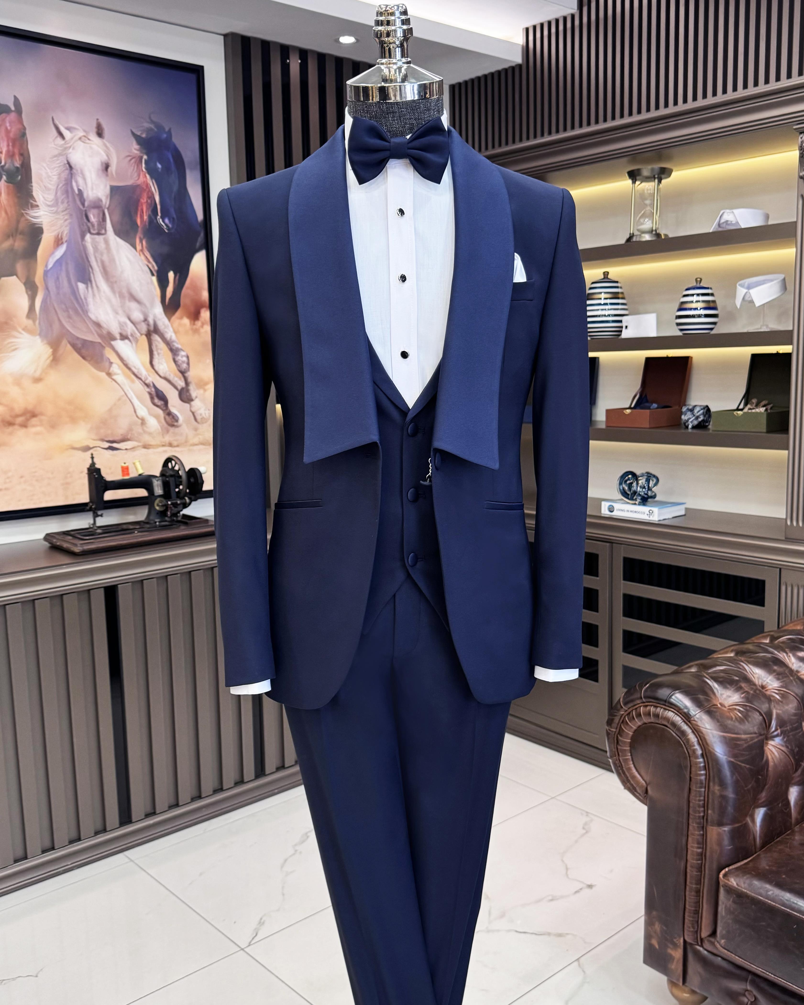 İtalyan stil slim fit şal yaka ceket yelek pantolon damatlık set lacivert T11618