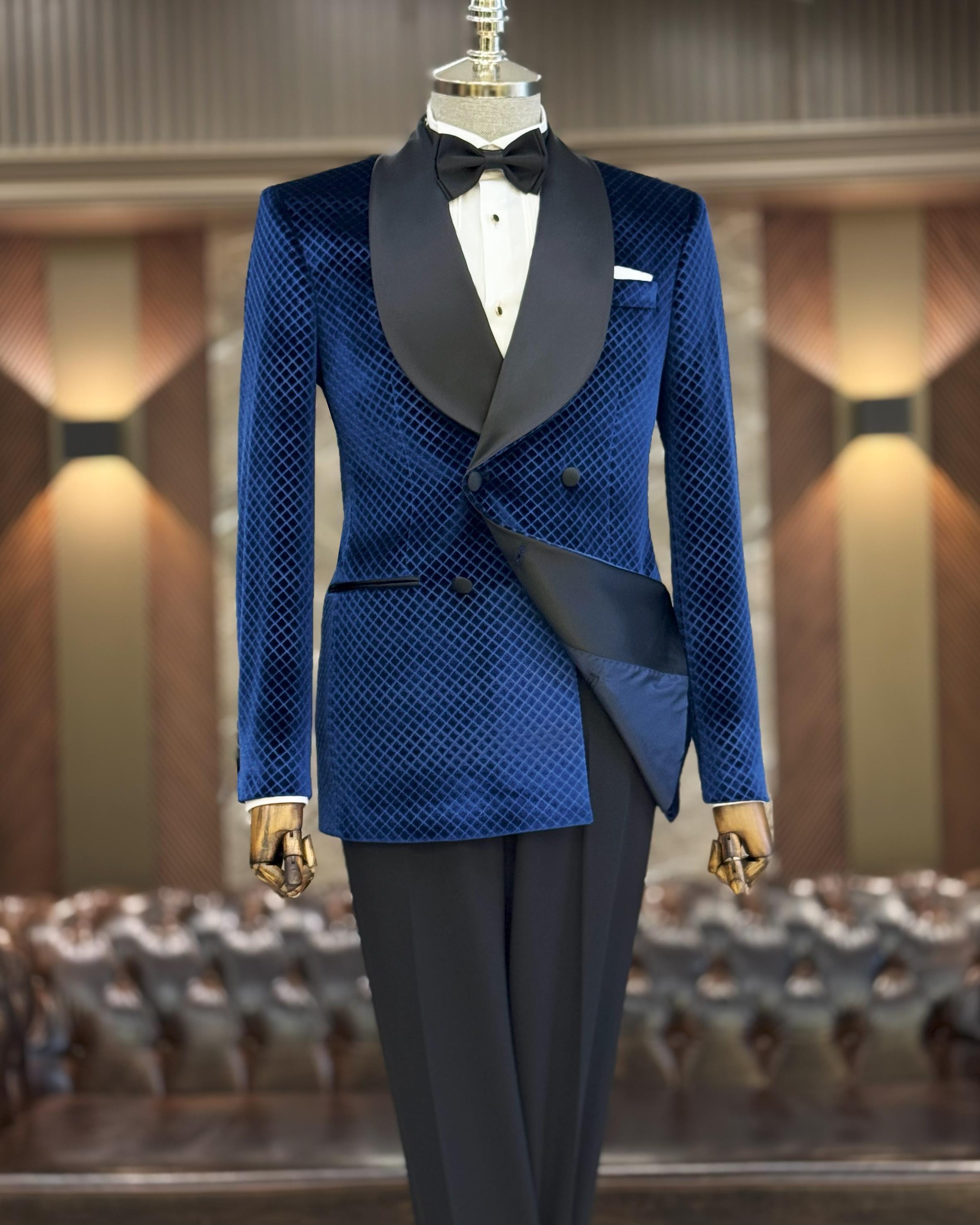 İtalyan stil slim fit şal yaka kadife kruvaze ceket pantolon damatlık set lacivert T11787