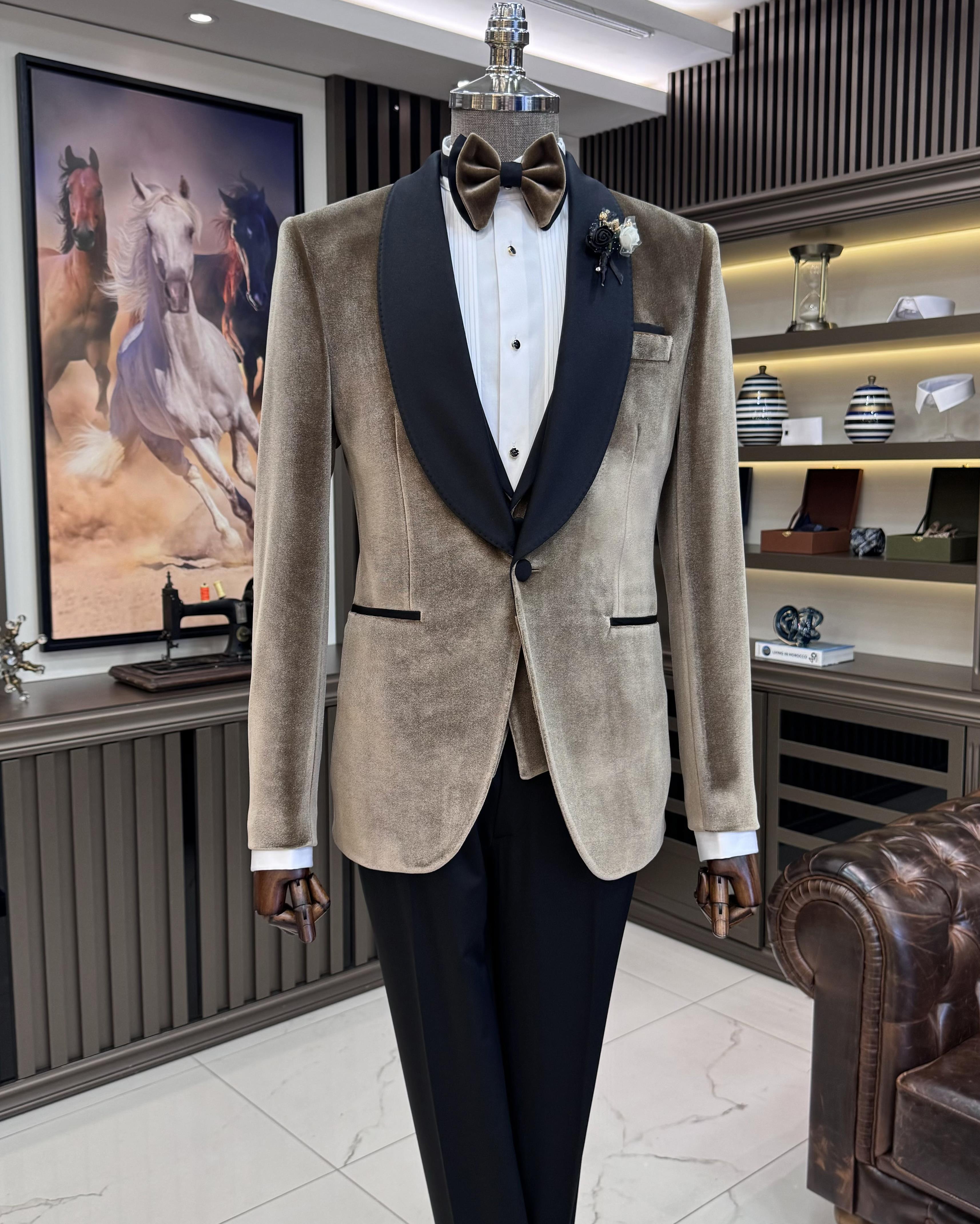 İtalyan stil slim fit şal yaka kadife ceket yelek pantolon damatlık set kahverengi T11620