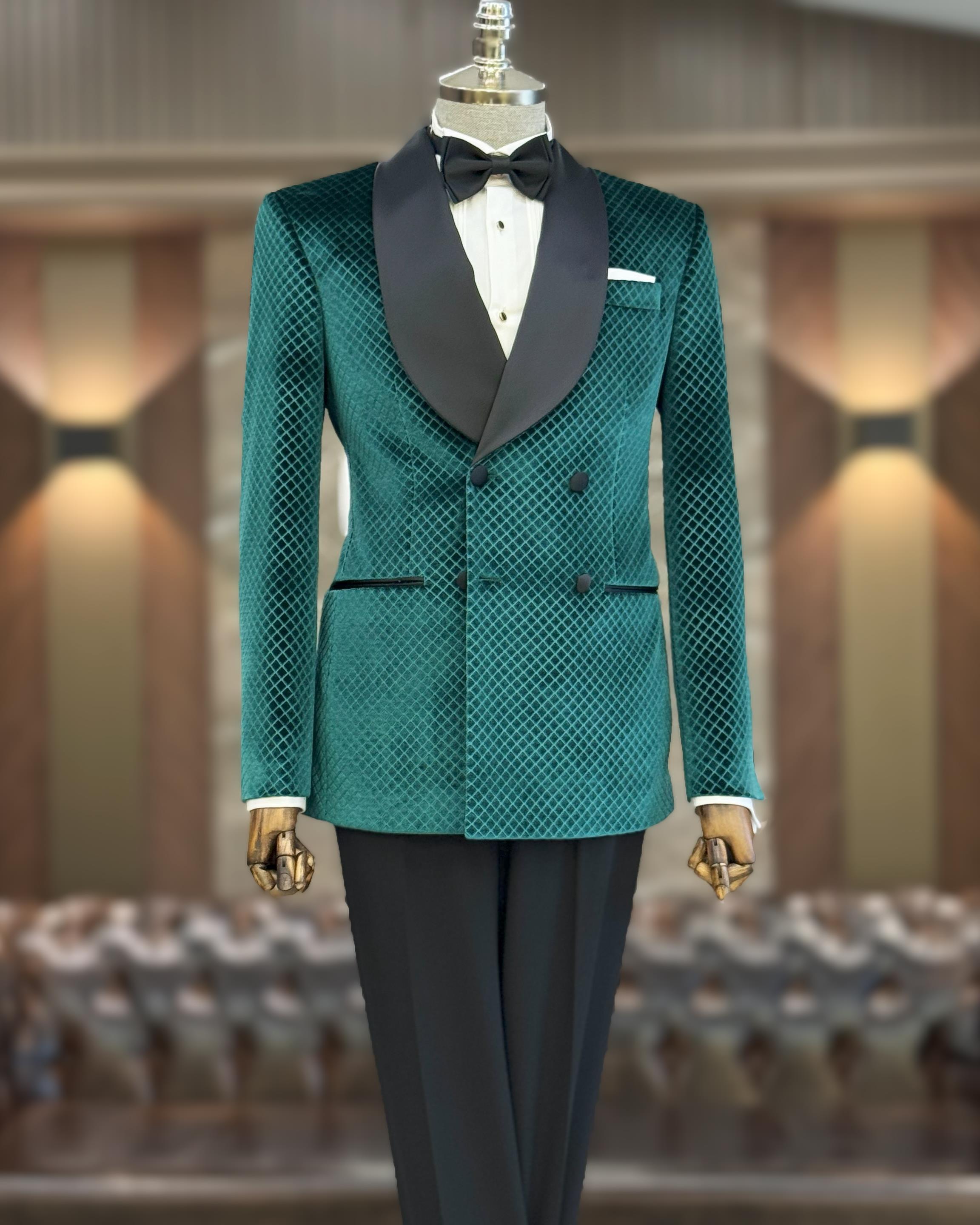İtalyan stil slim fit şal yaka kadife kruvaze ceket pantolon damatlık set yeşil T11789