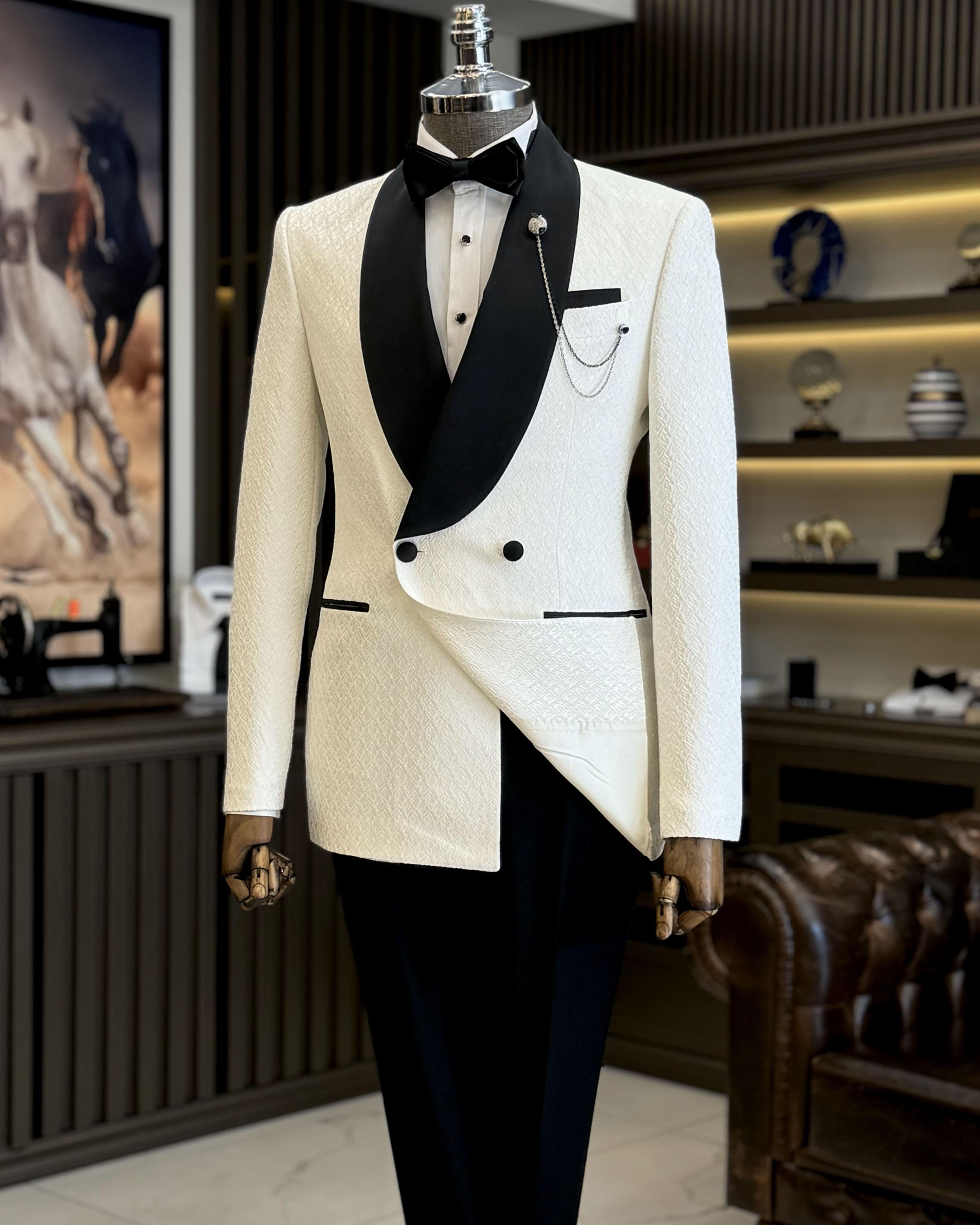 İtalyan stil slim fit şal yaka kruvaze ceket pantolon damatlık set beyaz T12028