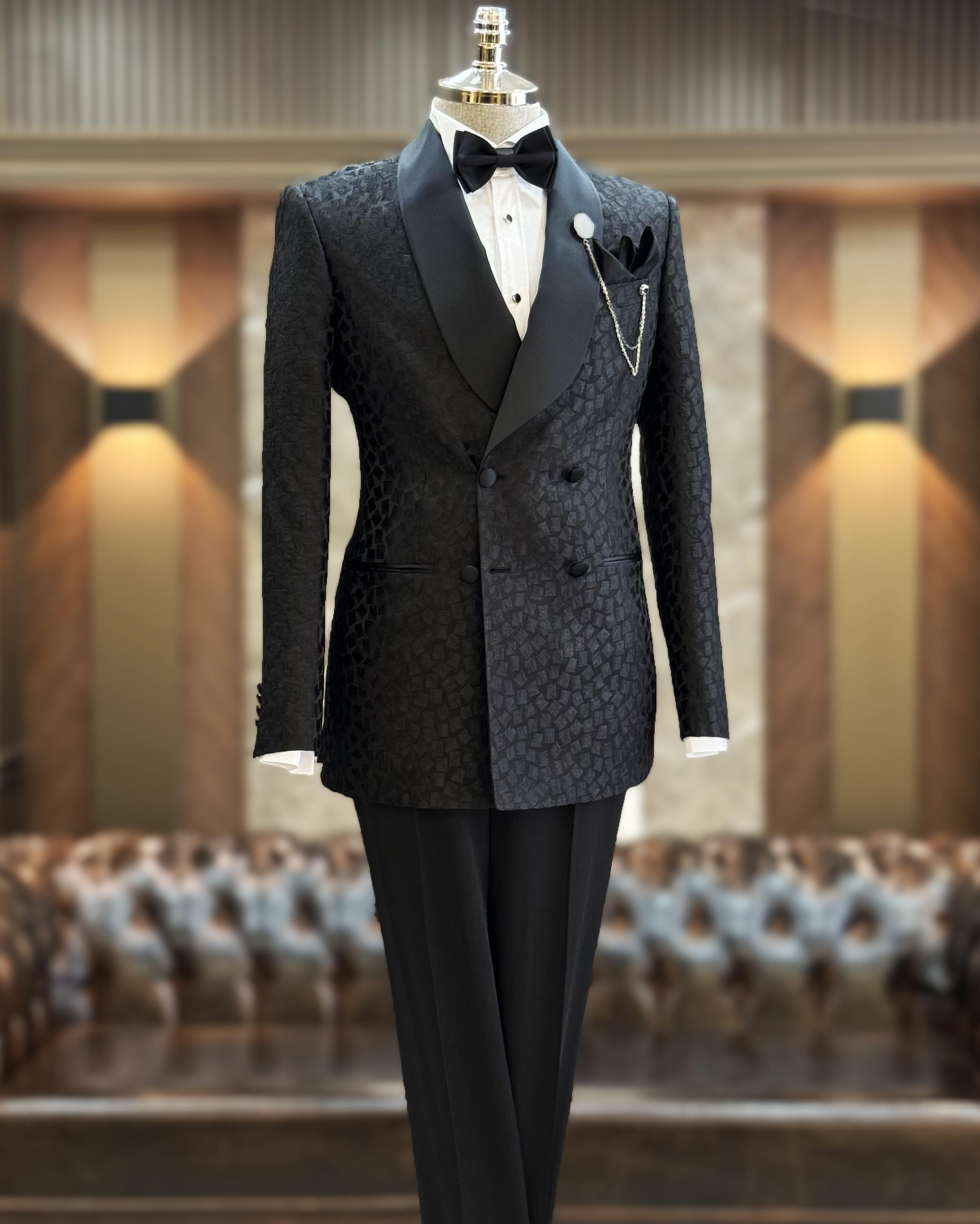 İtalyan stil slim fit şal yaka kruvaze ceket pantolon damatlık set siyah T11795