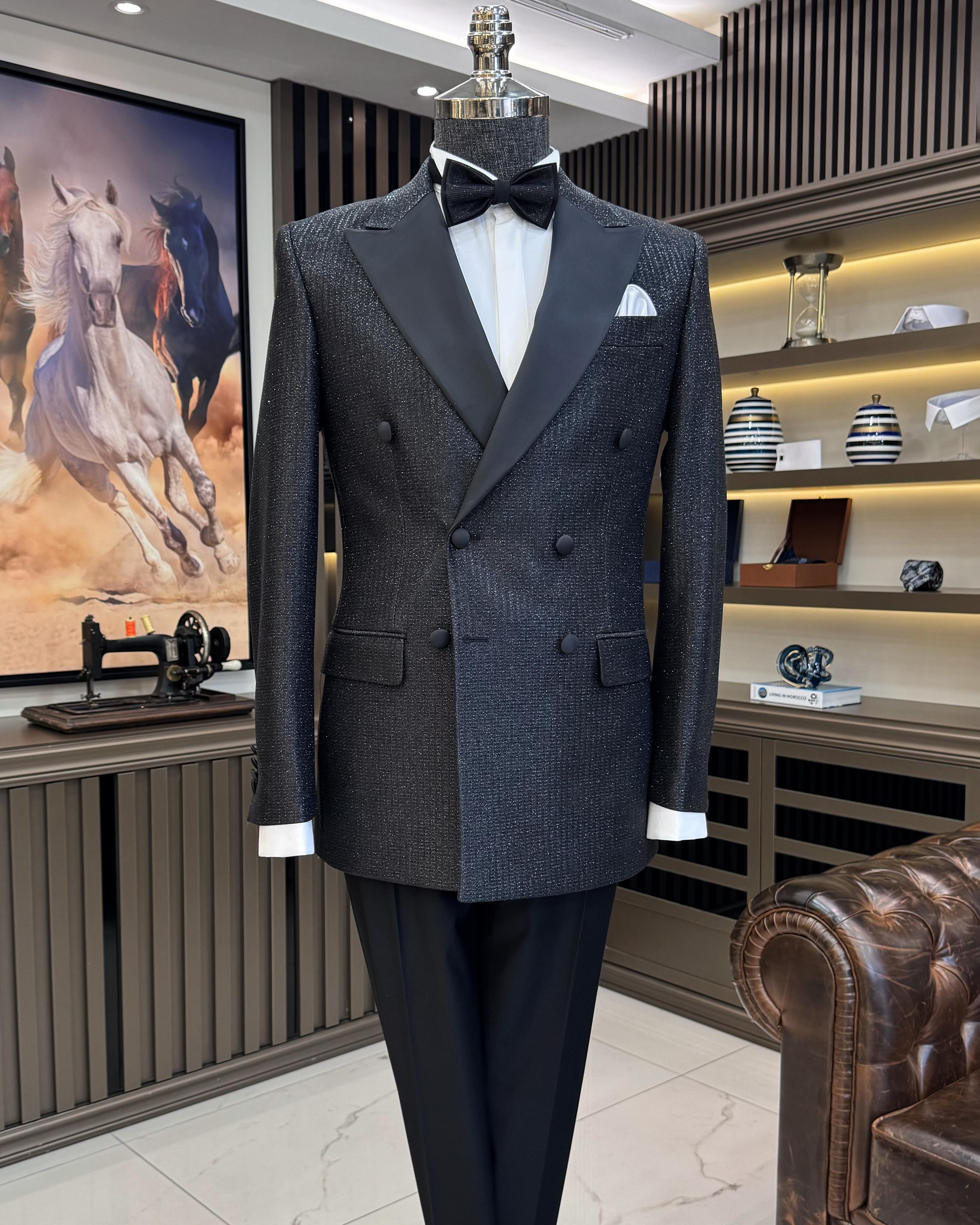 İtalyan stil slim fit simli kruvaze ceket pantolon damatlık set siyah T11568