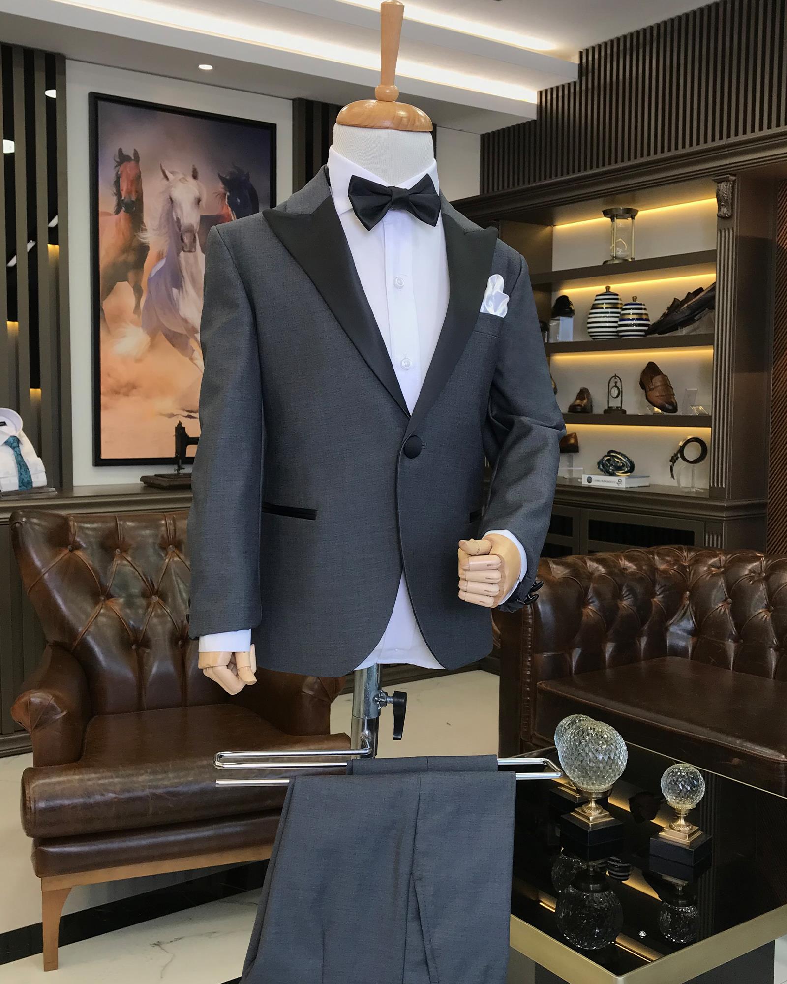 İtalyan stil slim fit sivri yaka ceket pantolon çocuk smokin set antrasit T8838