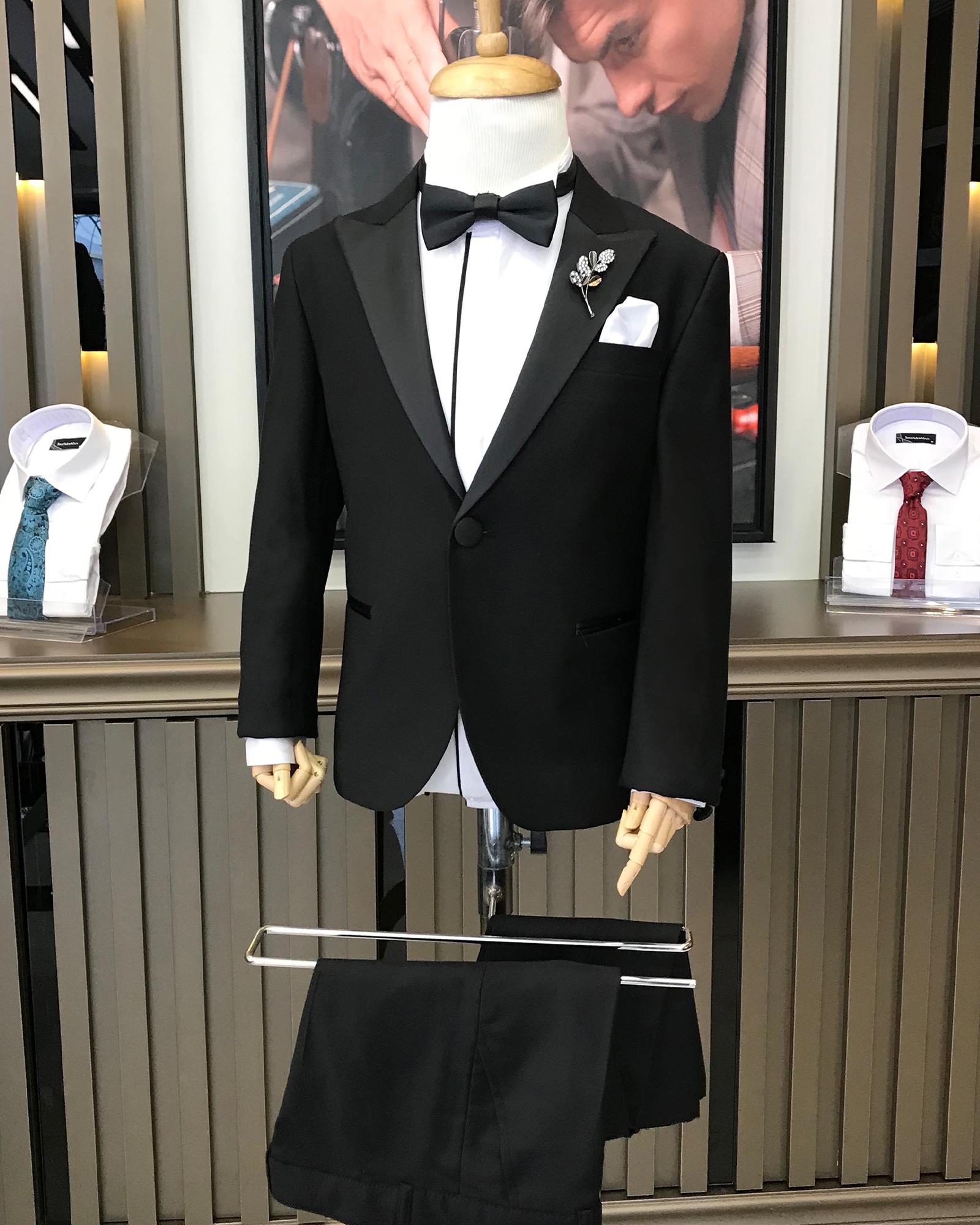 İtalyan stil slim fit sivri yaka ceket pantolon çocuk smokin set Siyah T8836