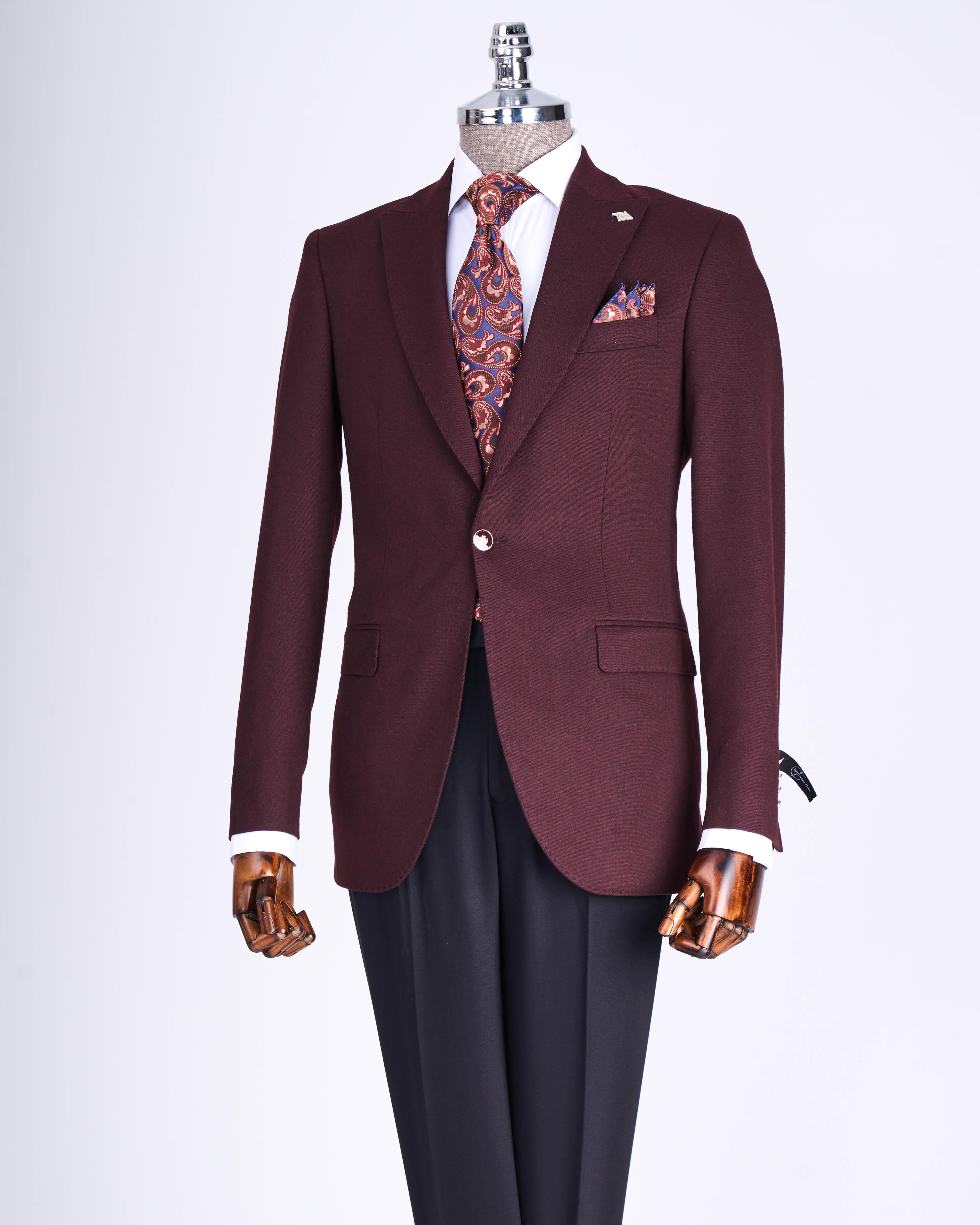 İtalyan stil slim fit sivri yaka erkek ceket bordo T13238