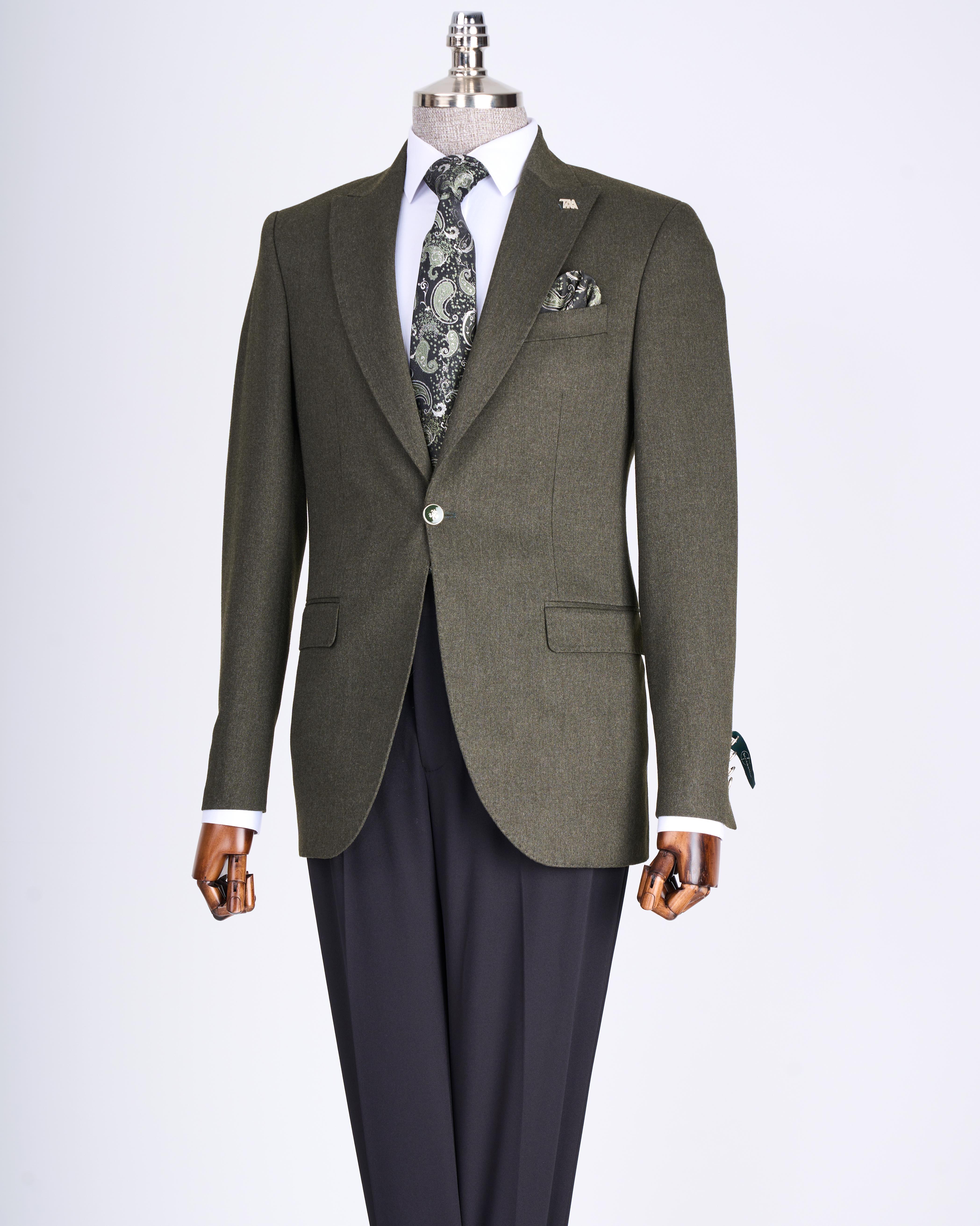 İtalyan stil slim fit sivri yaka erkek ceket yeşil T13239