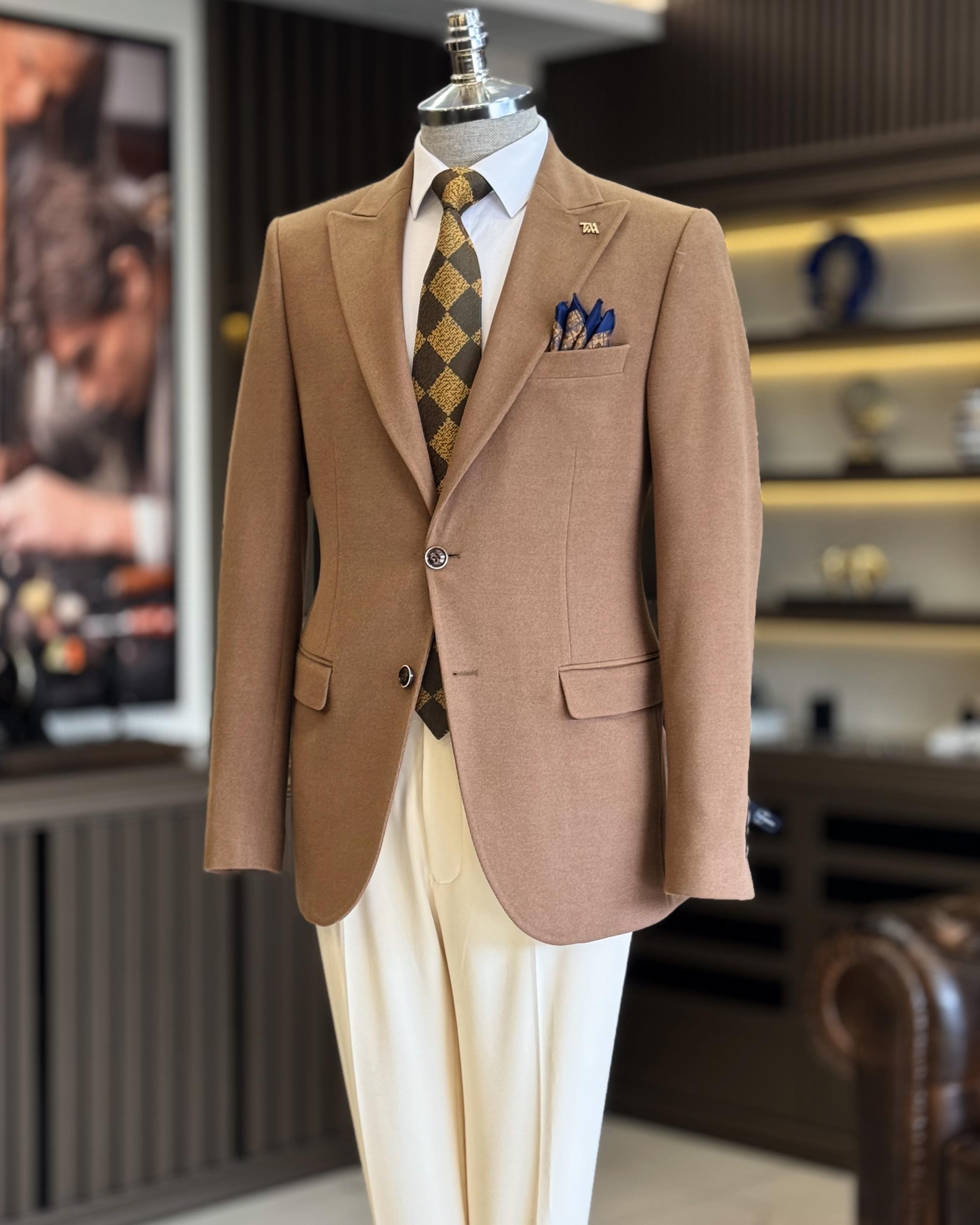 İtalyan stil slim fit sivri yaka erkek ceket camel T13210