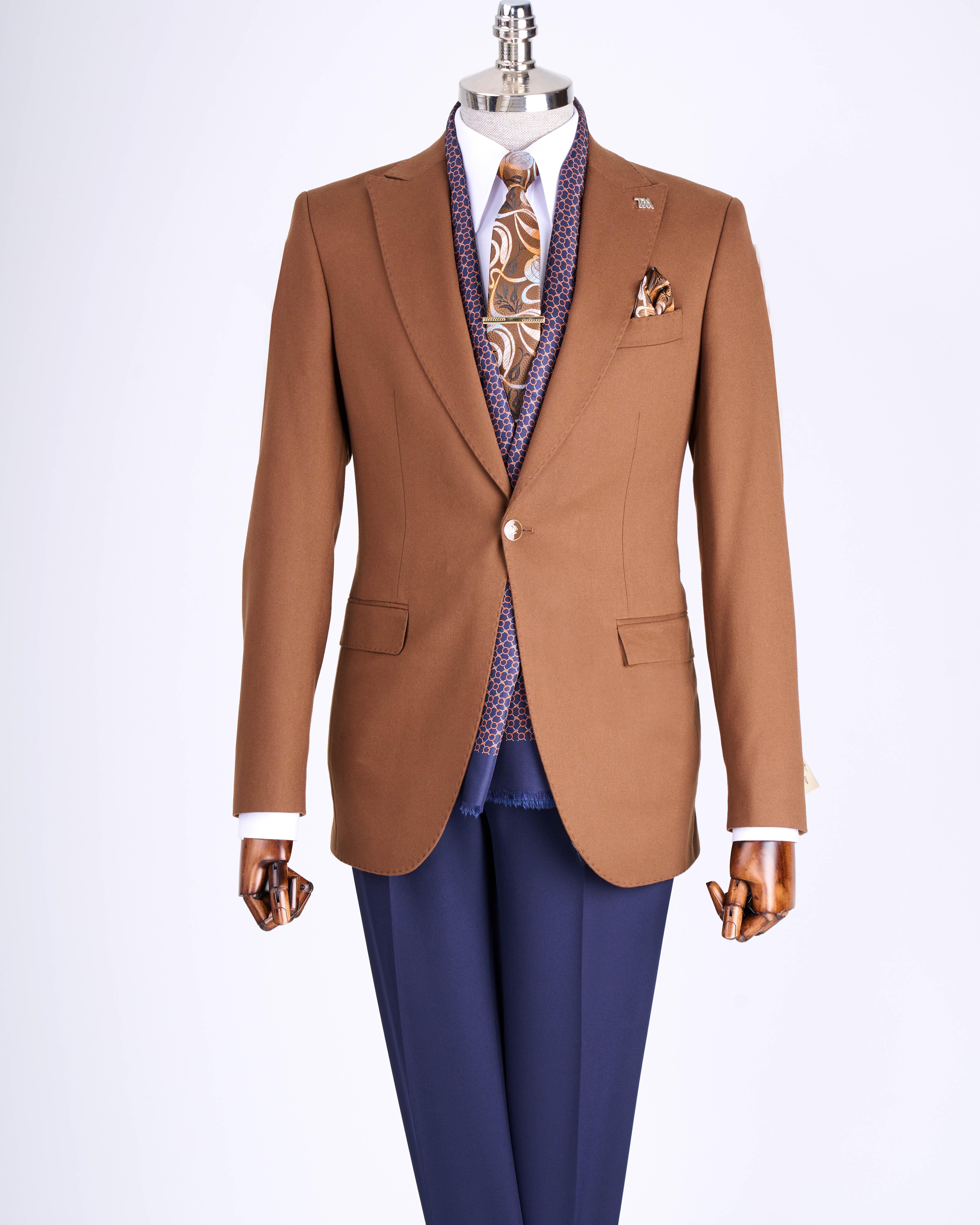 İtalyan stil slim fit sivri yaka erkek ceket camel T13240