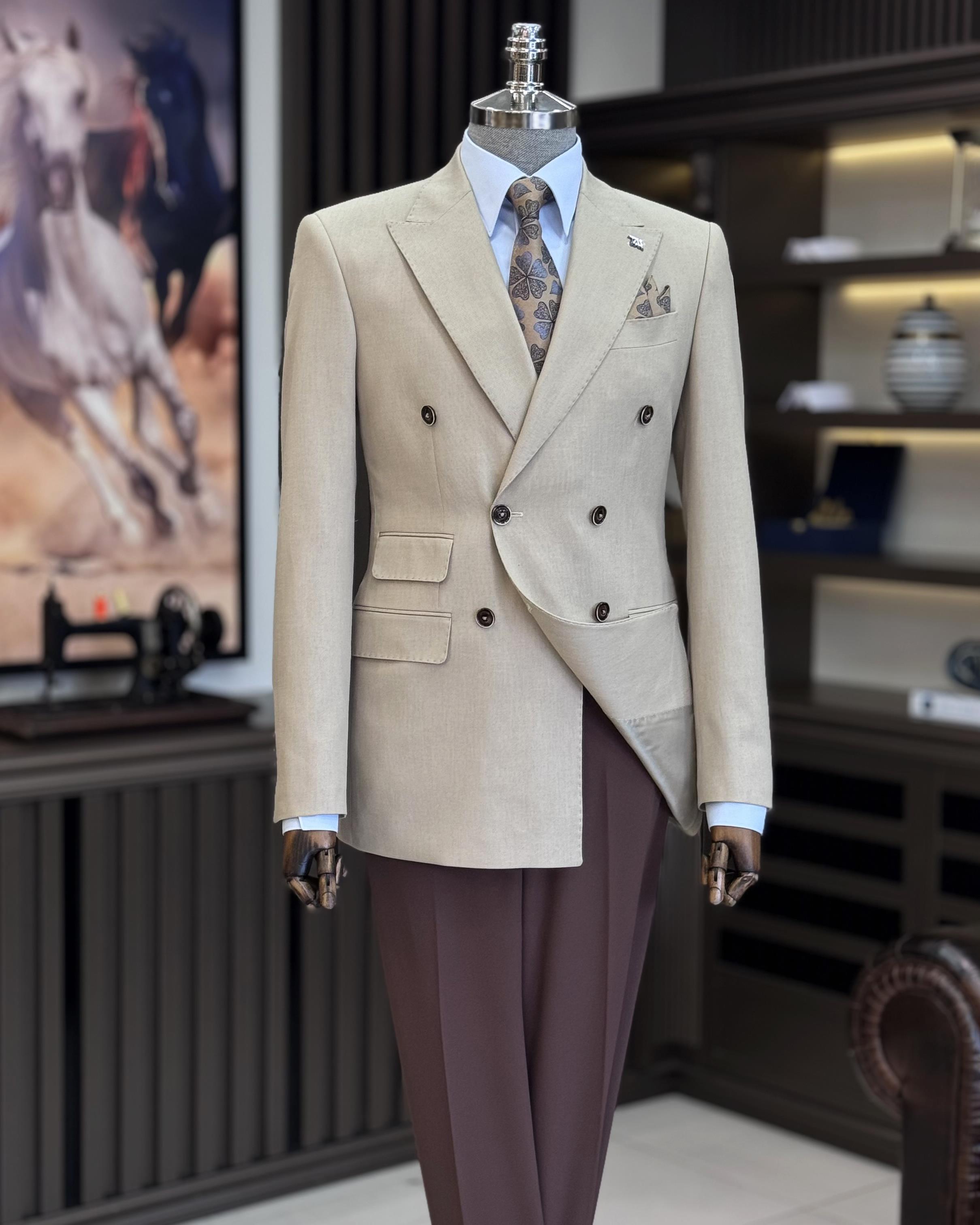 İtalyan stil slim fit sivri yaka kruvaze erkek ceket bej T11518