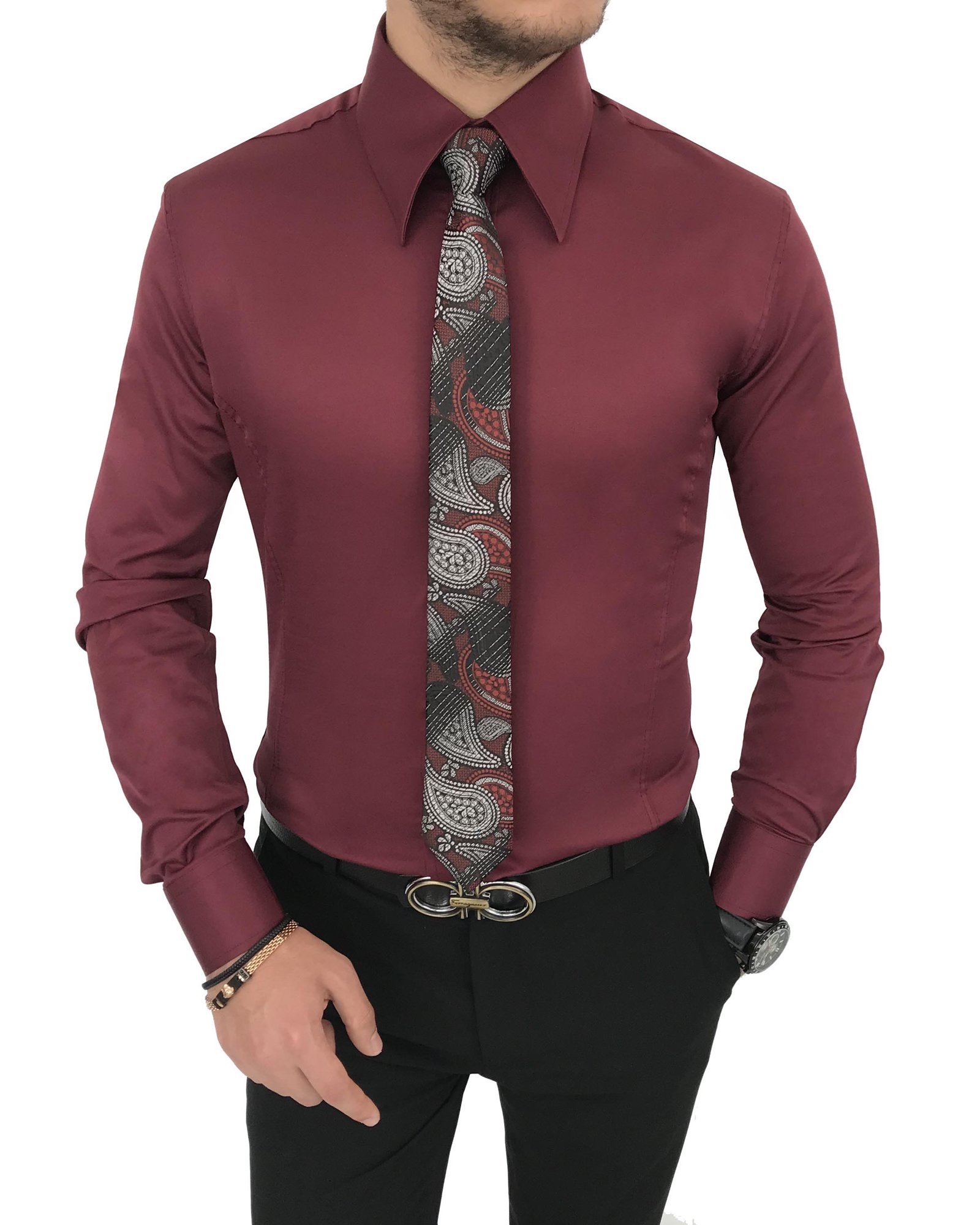 italyan stil slim fit sivri yaka saten erkek gömlek Bordo T7212