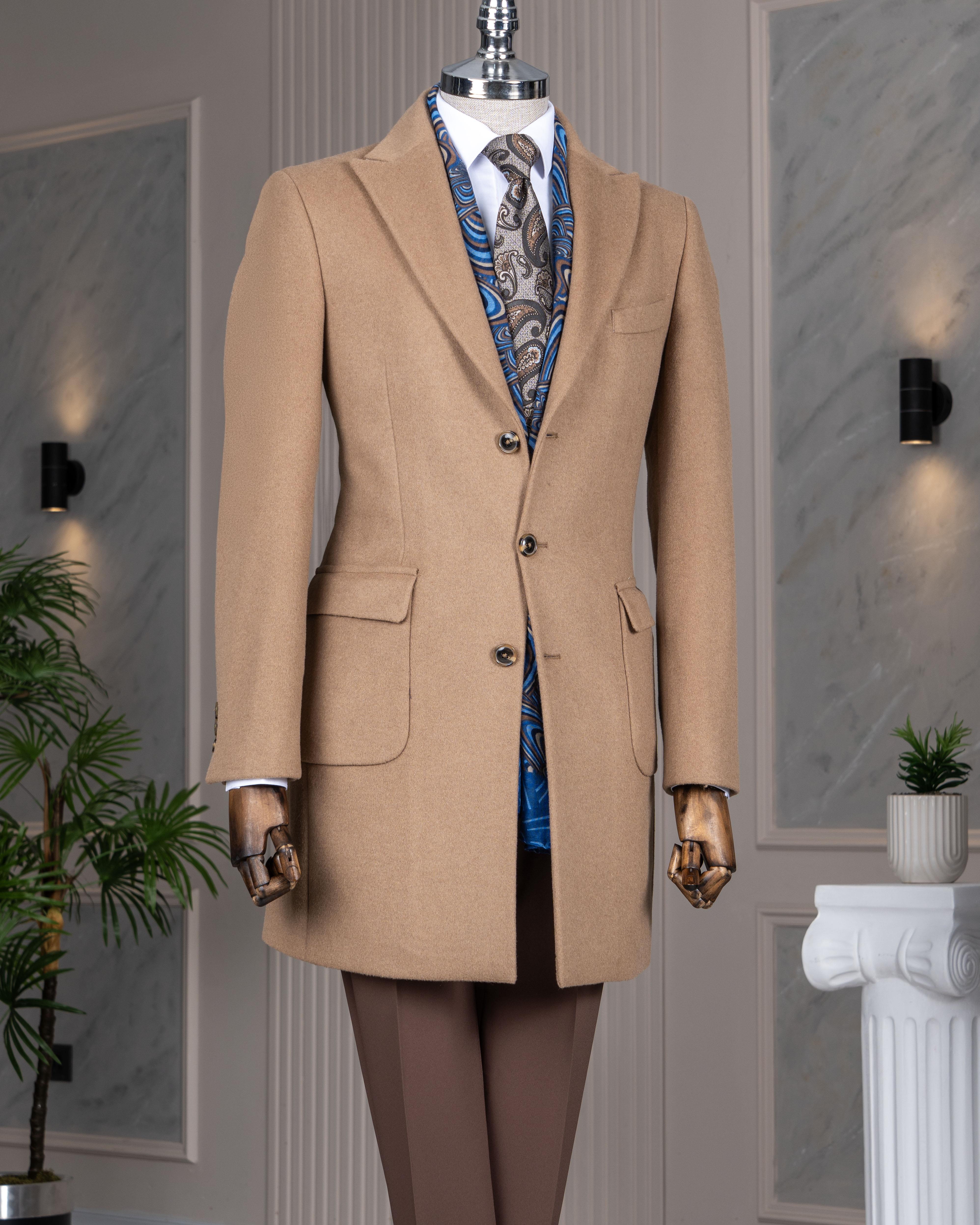 İtalyan stil slim fit sivri yaka yün karışımlı kaşe erkek kaban camel T13447