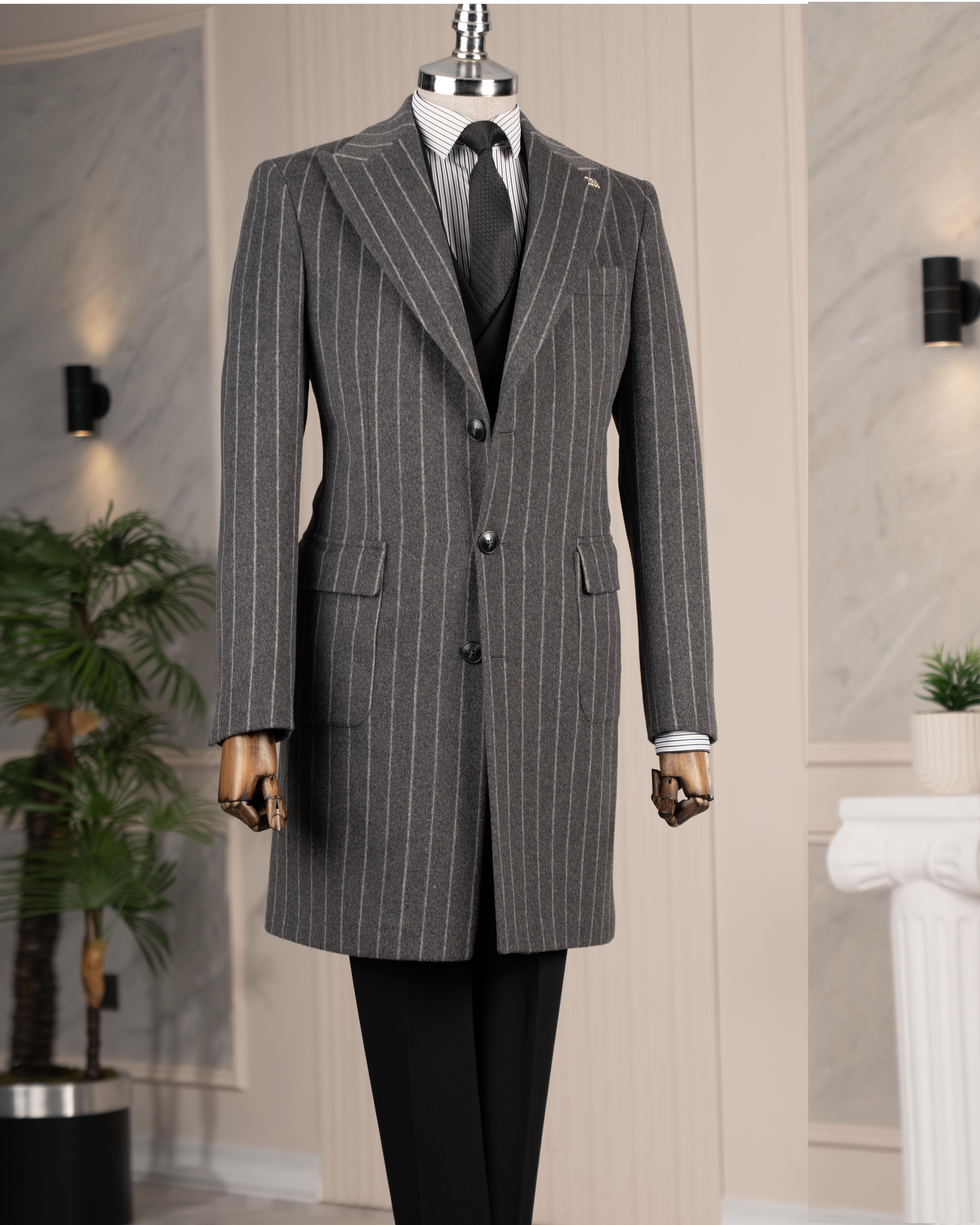 İtalyan stil slim fit sivri yaka yün karışımlı kaşe erkek kaban antrasit T14718