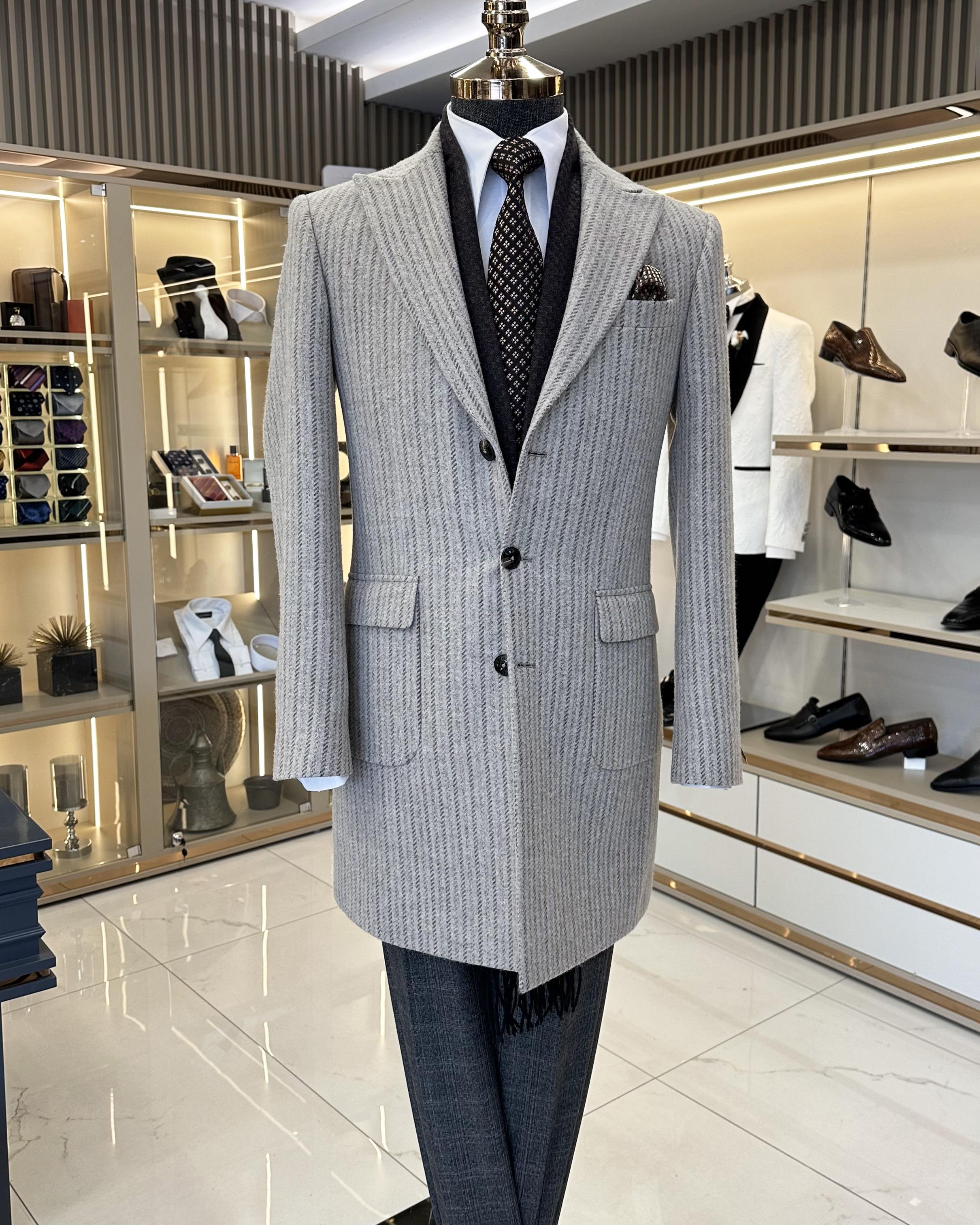 İtalyan stil slim fit sivri yaka yün karışımlı kaşe erkek kaban gri T11385