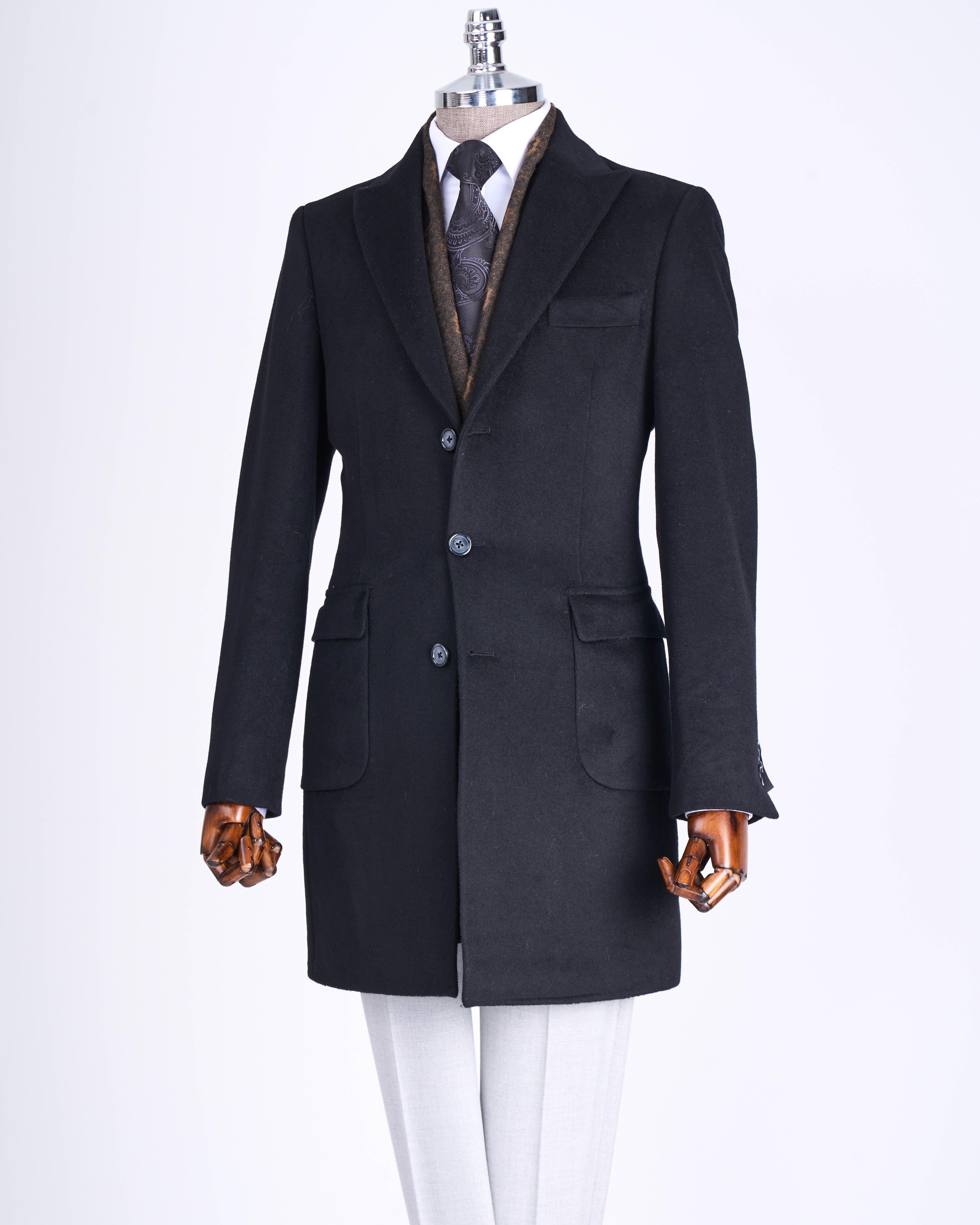 İtalyan stil slim fit sivri yaka yün karışımlı kaşe erkek kaban siyah T13363