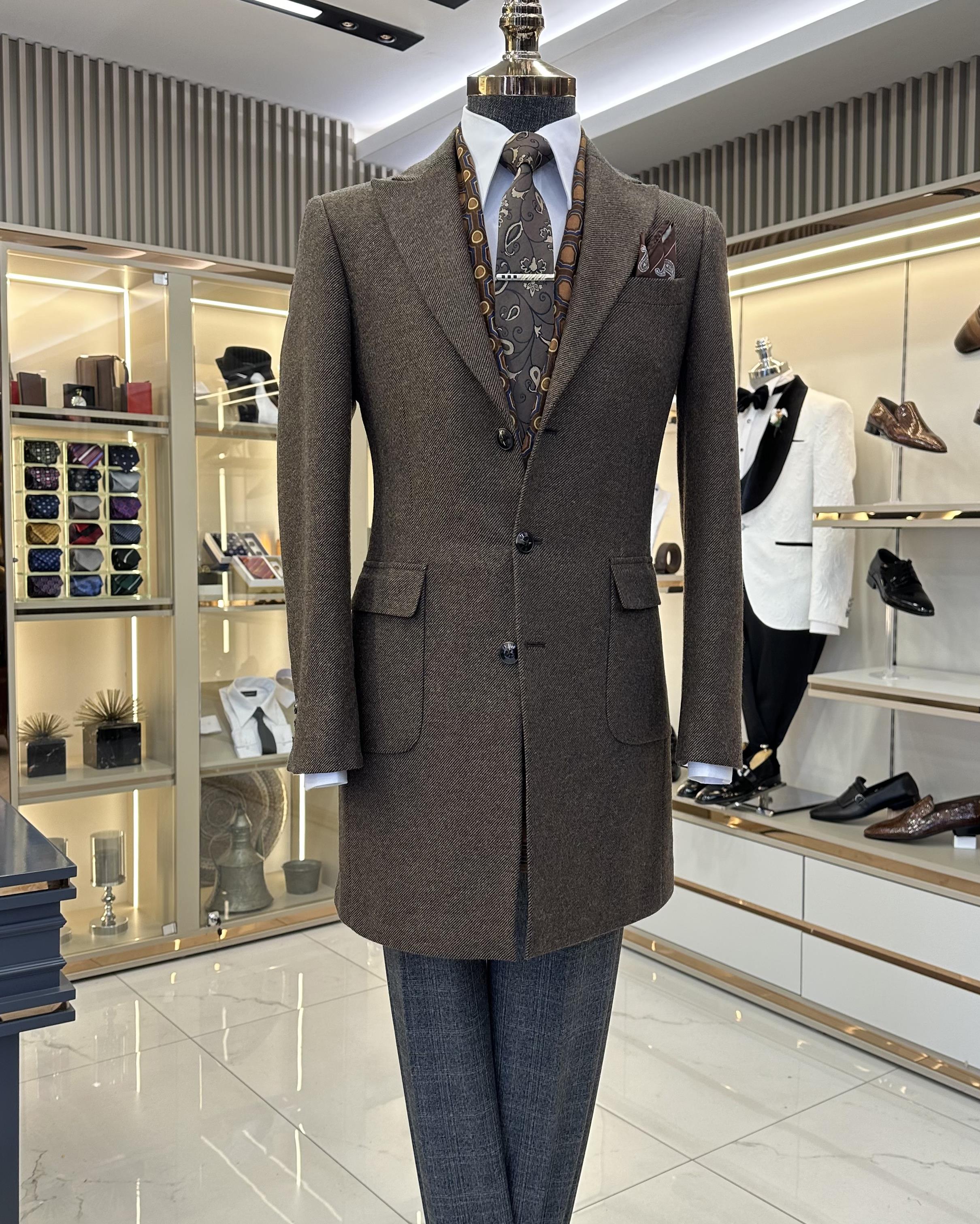 İtalyan stil slim fit sivri yaka yün karışımlı kaşe erkek kaban camel T11384