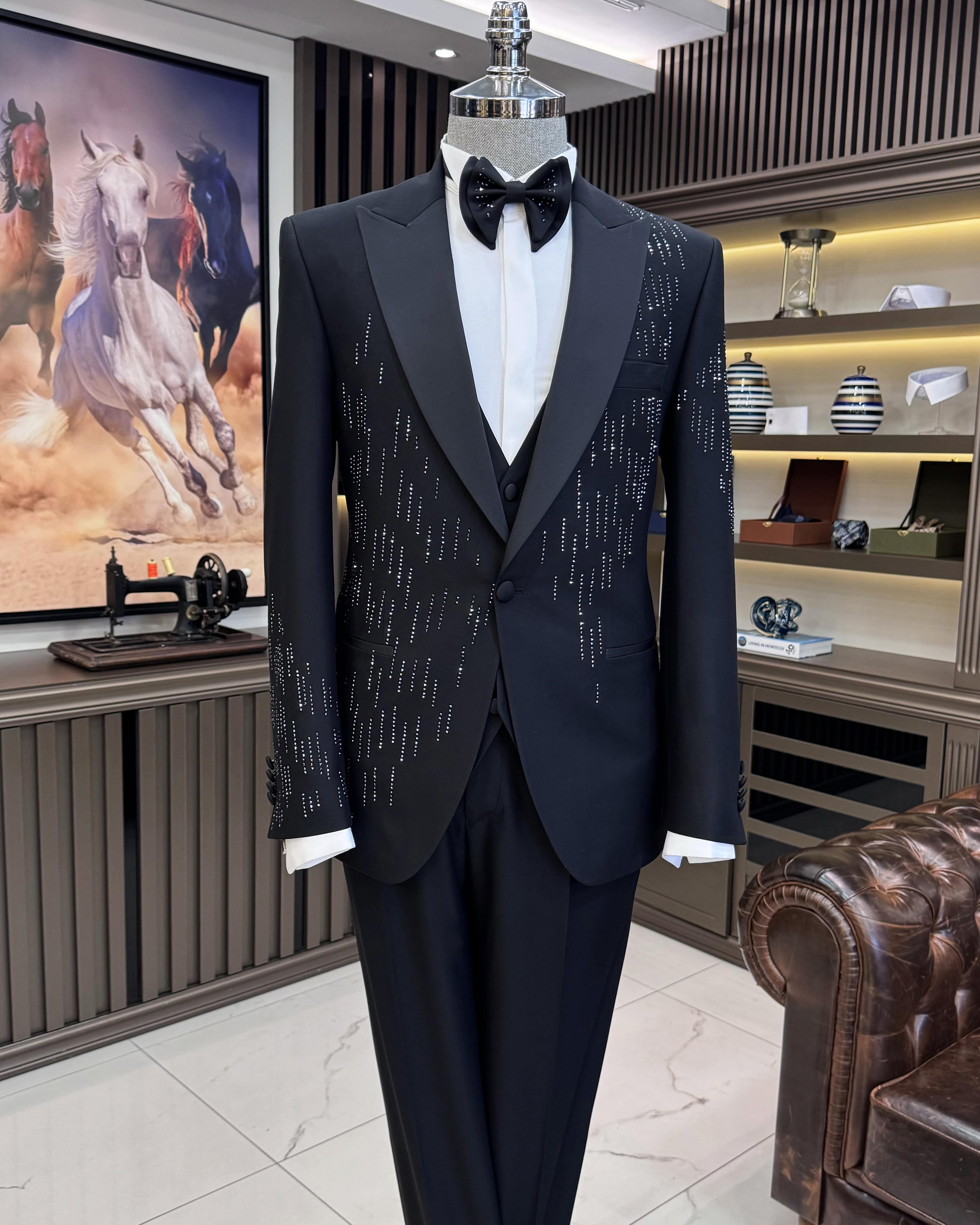 İtalyan stil slim fit taş işlemeli ceket yelek pantolon damatlık set siyah T11592