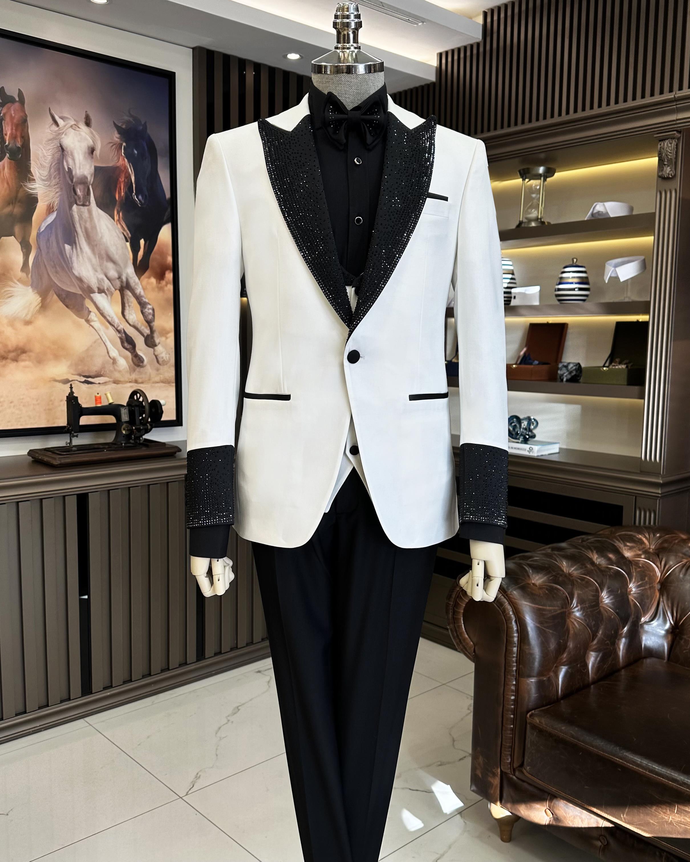 İtalyan stil slim fit taş işlemeli ceket yelek pantolon damatlık set beyaz T11598