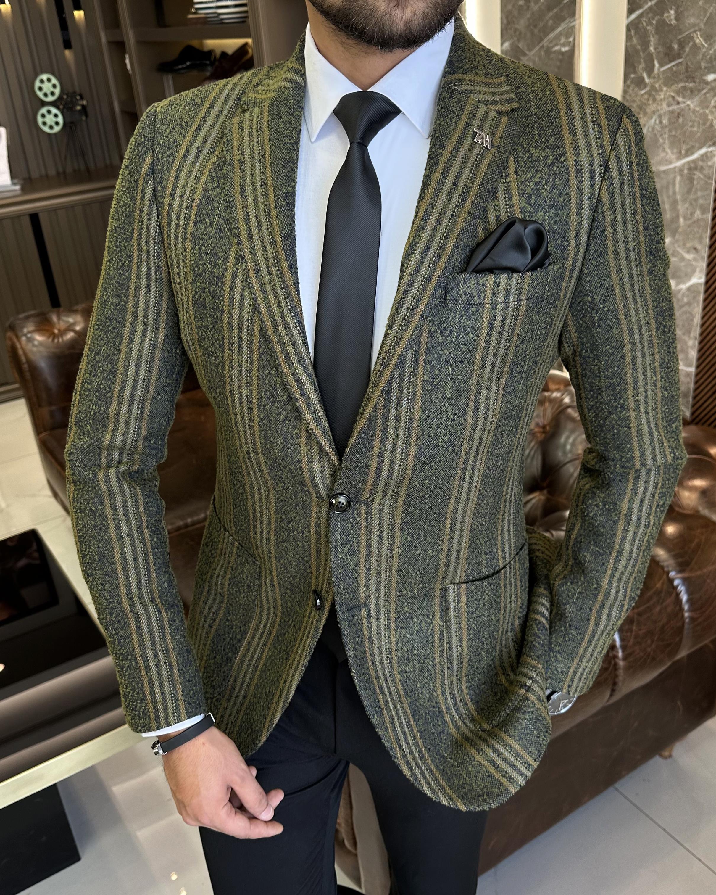 İtalyan stil slim fit torba cep ekose erkek ceket yeşil T10288