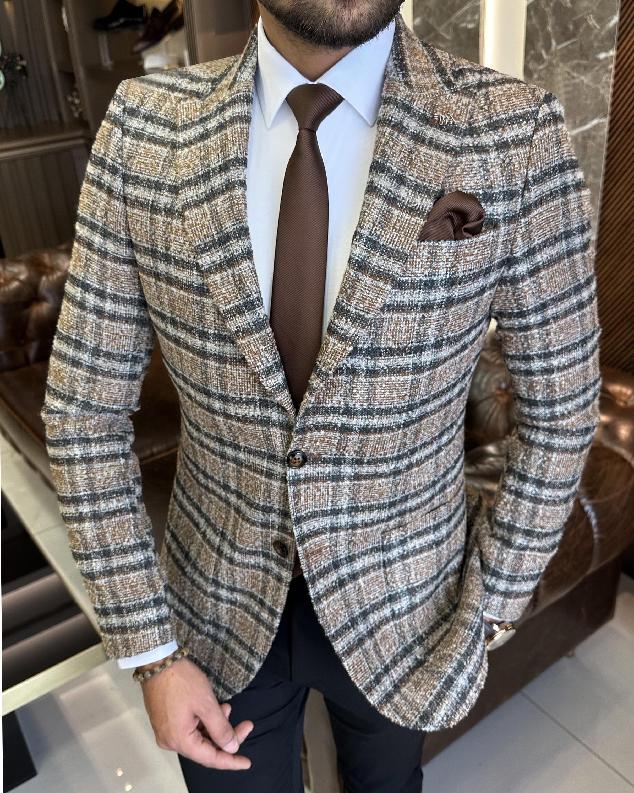İtalyan stil slim fit torba cep ekose erkek ceket antrasit T10290