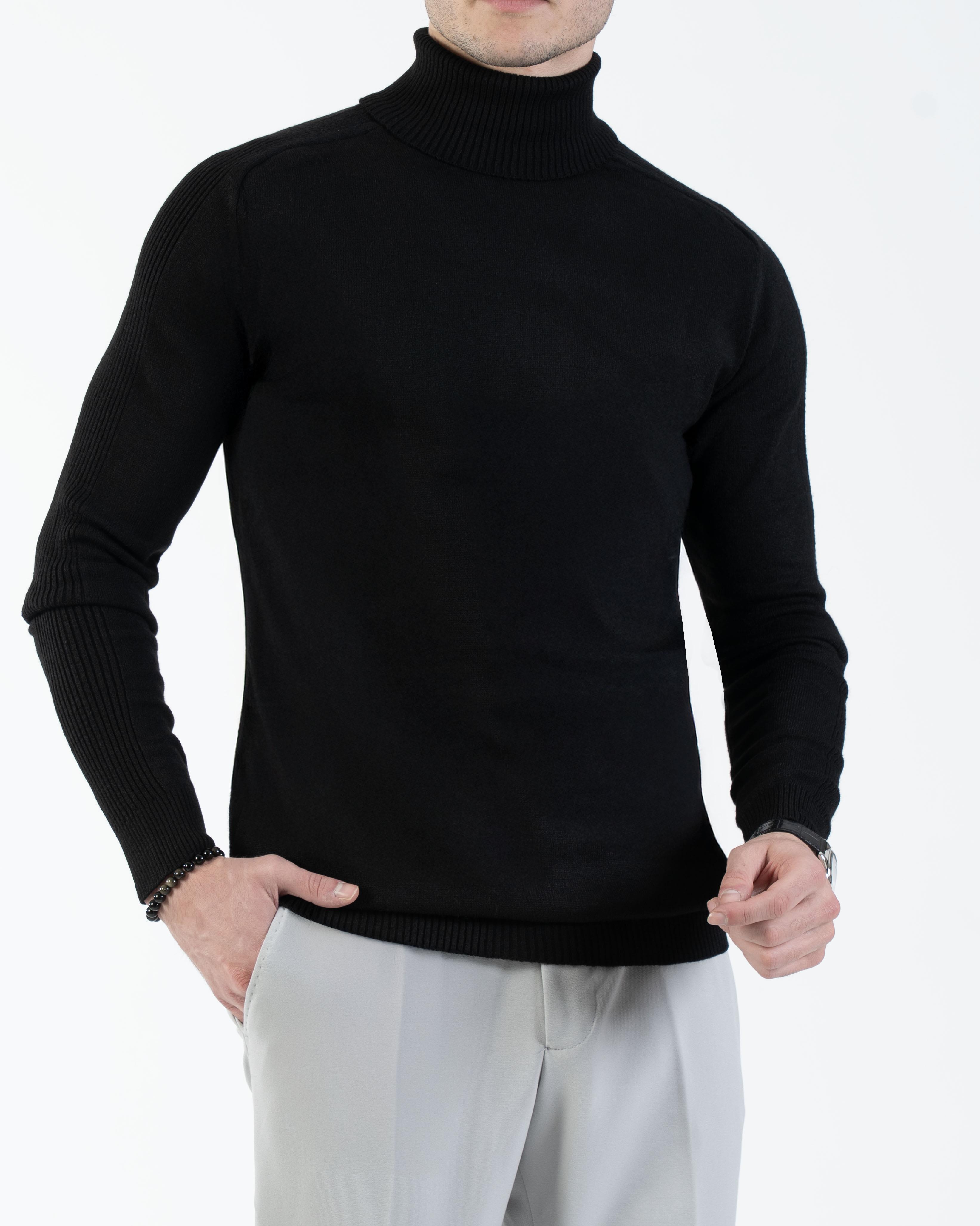 İtalyan stil slim fit triko balıkçı yaka boğazlı kazak siyah T13093