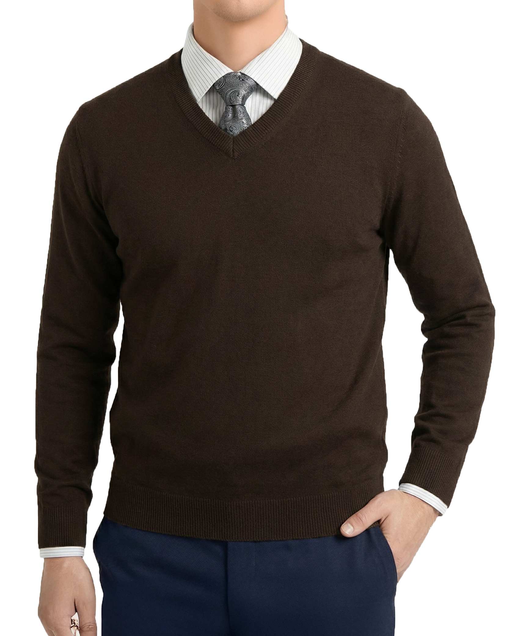 İtalyan stil slim fit V yaka triko erkek kazak kahverengi T10186