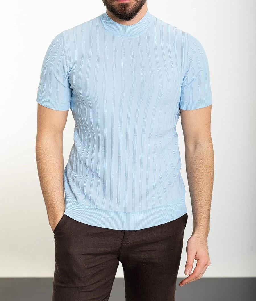 İtalyan stil slim fit yarım balıkçı yaka triko tişört mavi T11757