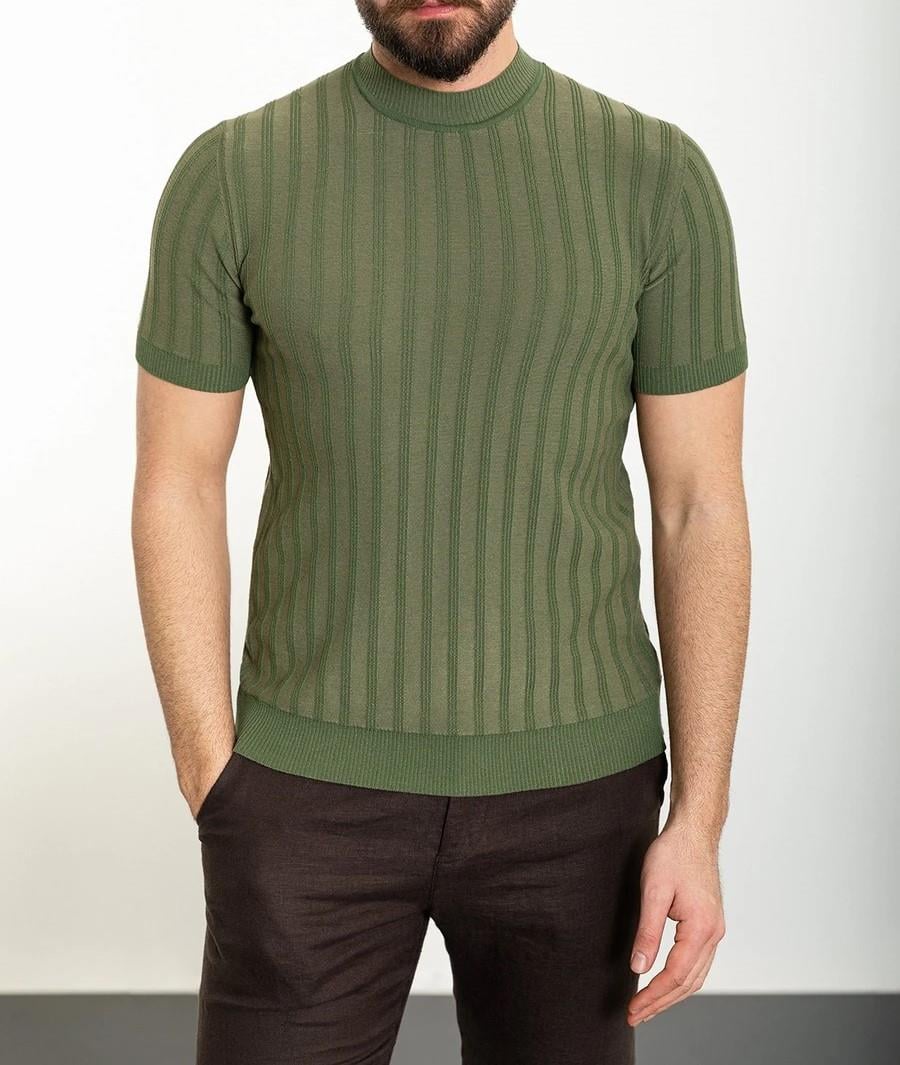 İtalyan stil slim fit yarım balıkçı yaka triko tişört haki T11758