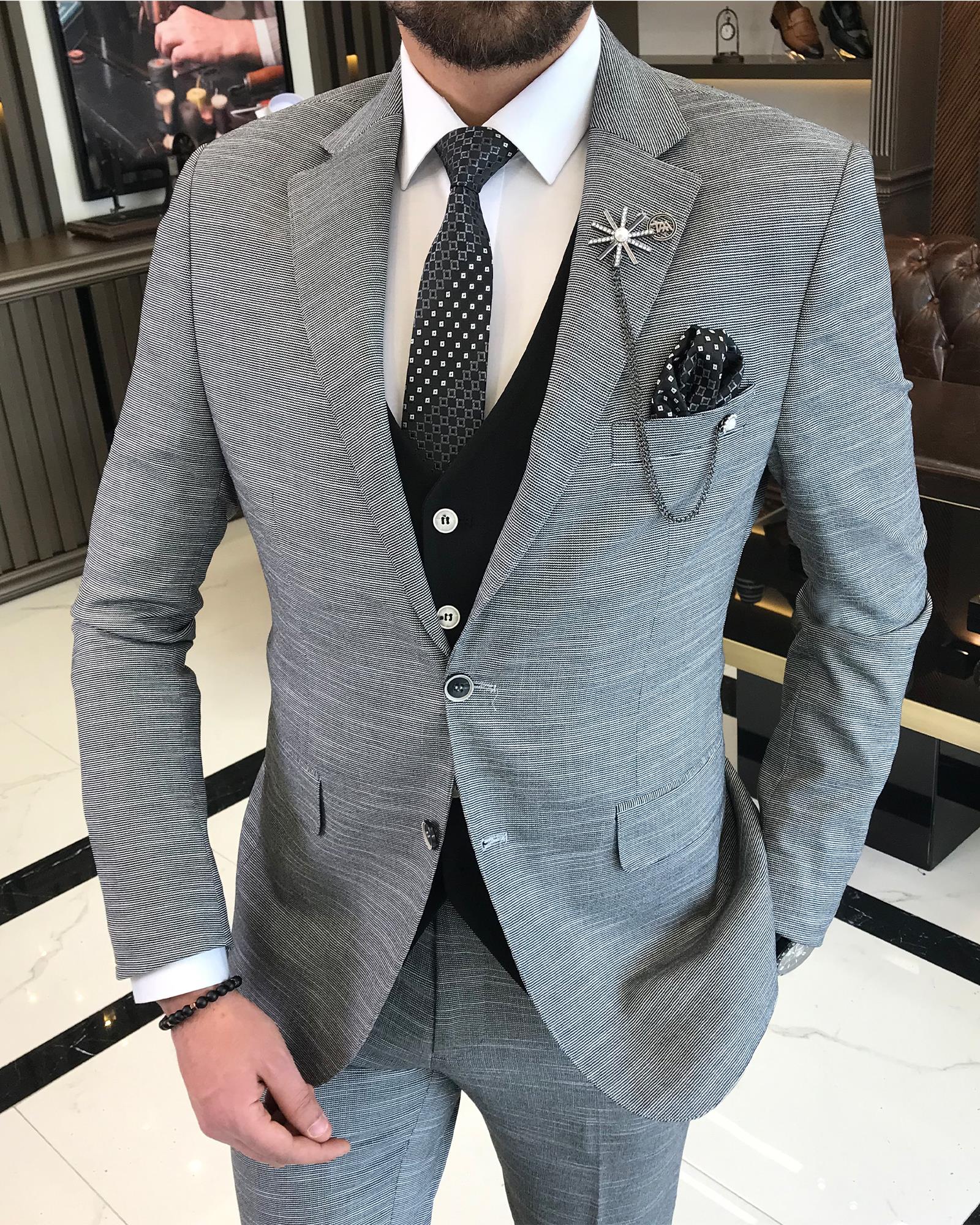 İtalyan stil slim fit yün karışımlı ceket yelek pantolon takım elbise siyah T9361