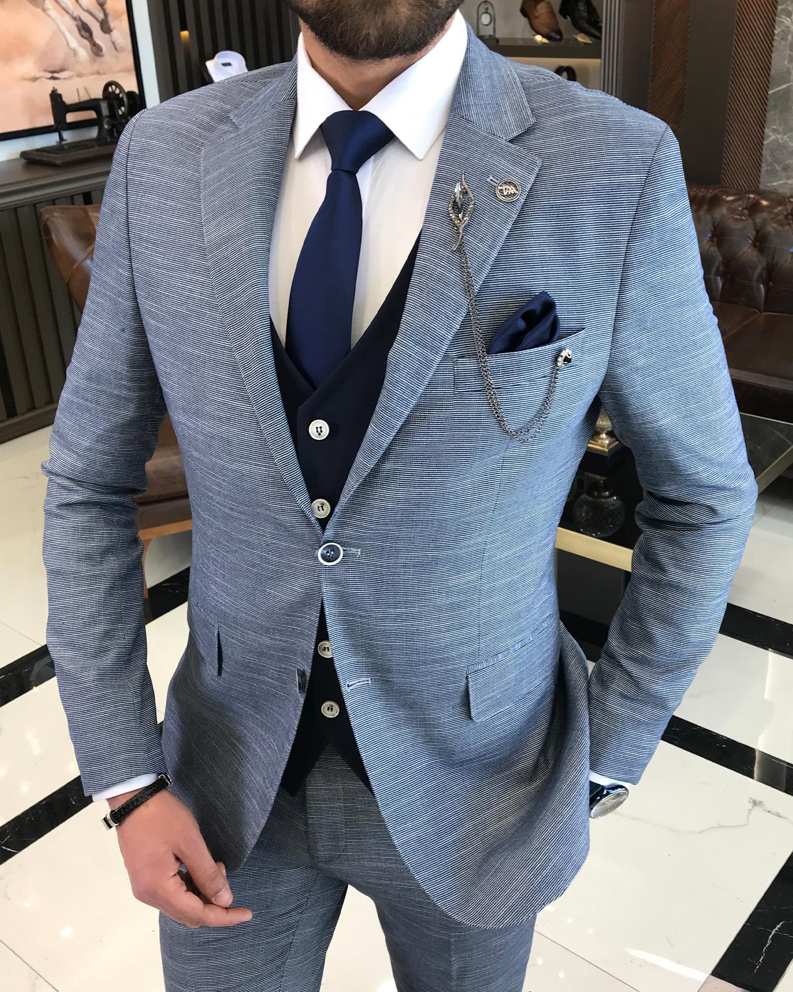 İtalyan stil slim fit yün karışımlı ceket yelek pantolon takım elbise lacivert T9360