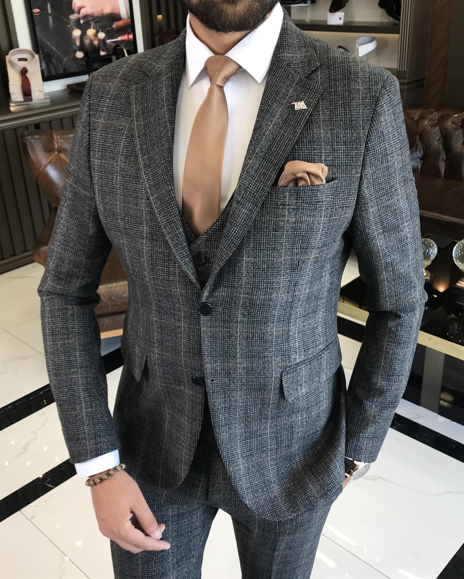 İtalyan stil slim fit yün karışımlı ekose ceket yelek pantolon takım elbise siyah T9848