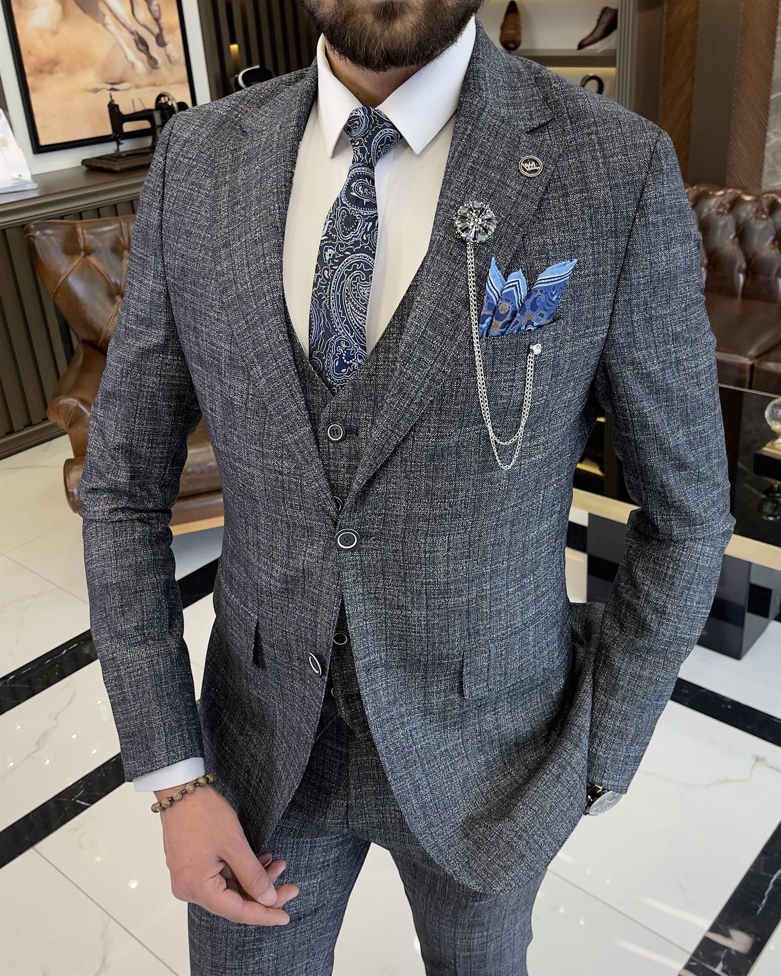 Italian style slim fit wool blend plaid jacket vest pant suit navy blue T9356