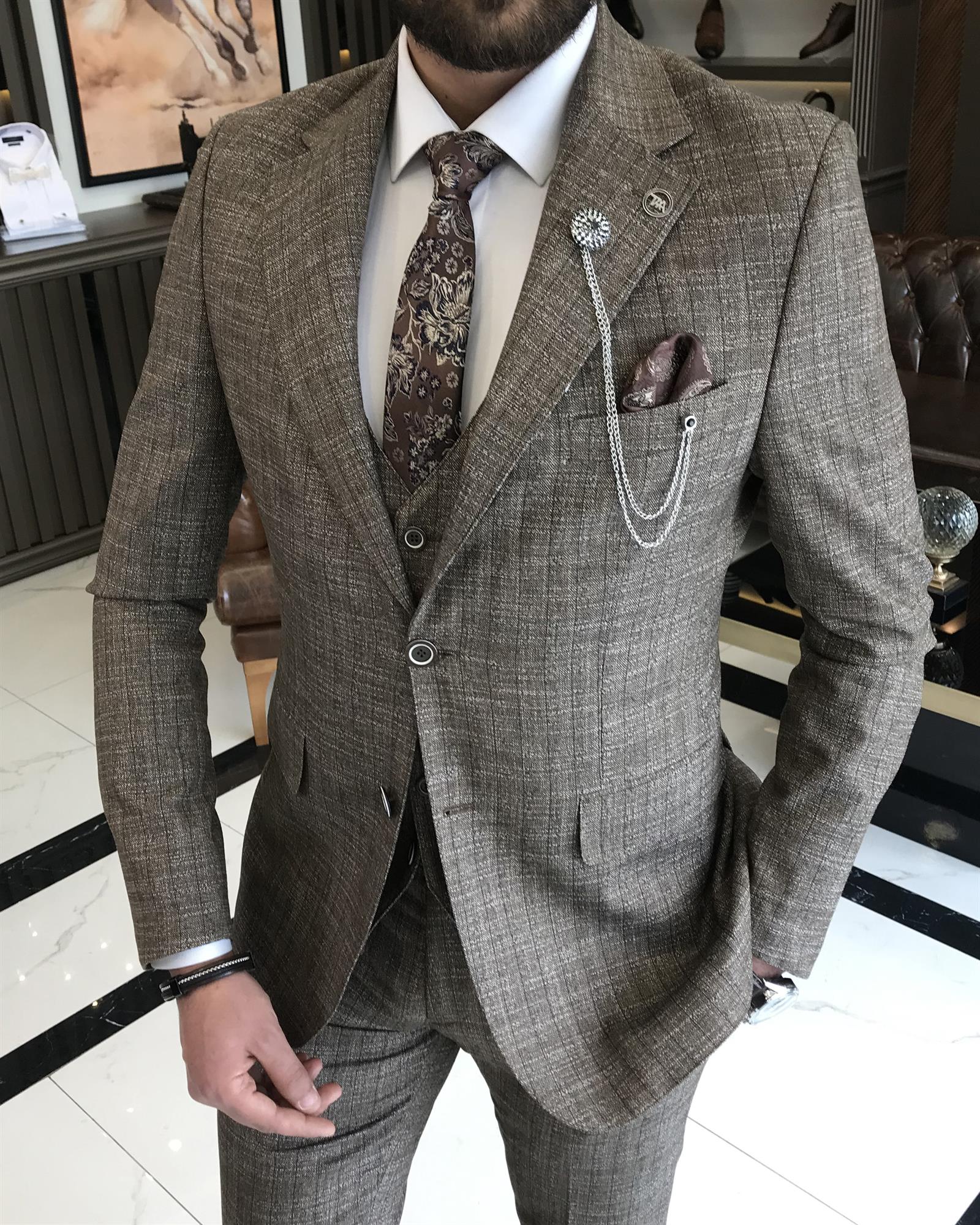 Italian style slim fit wool blended plaid jacket vest pant suit camel T9355