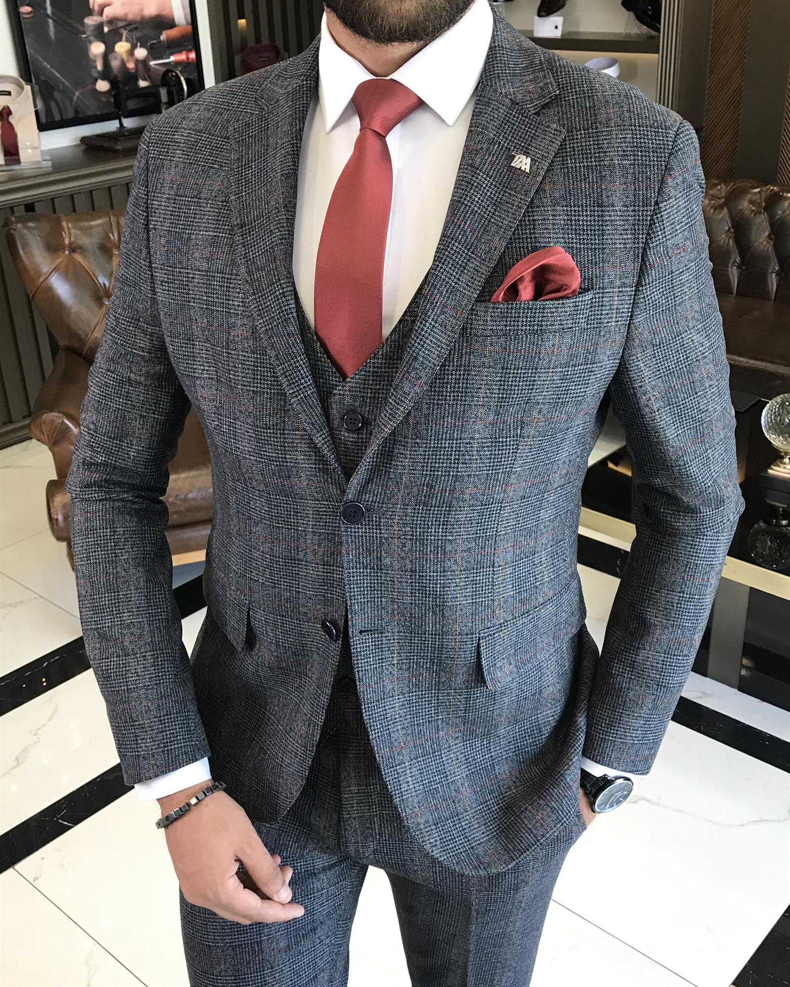 İtalyan stil slim fit yün karışımlı ekose ceket yelek pantolon takım elbise lacivert T9847