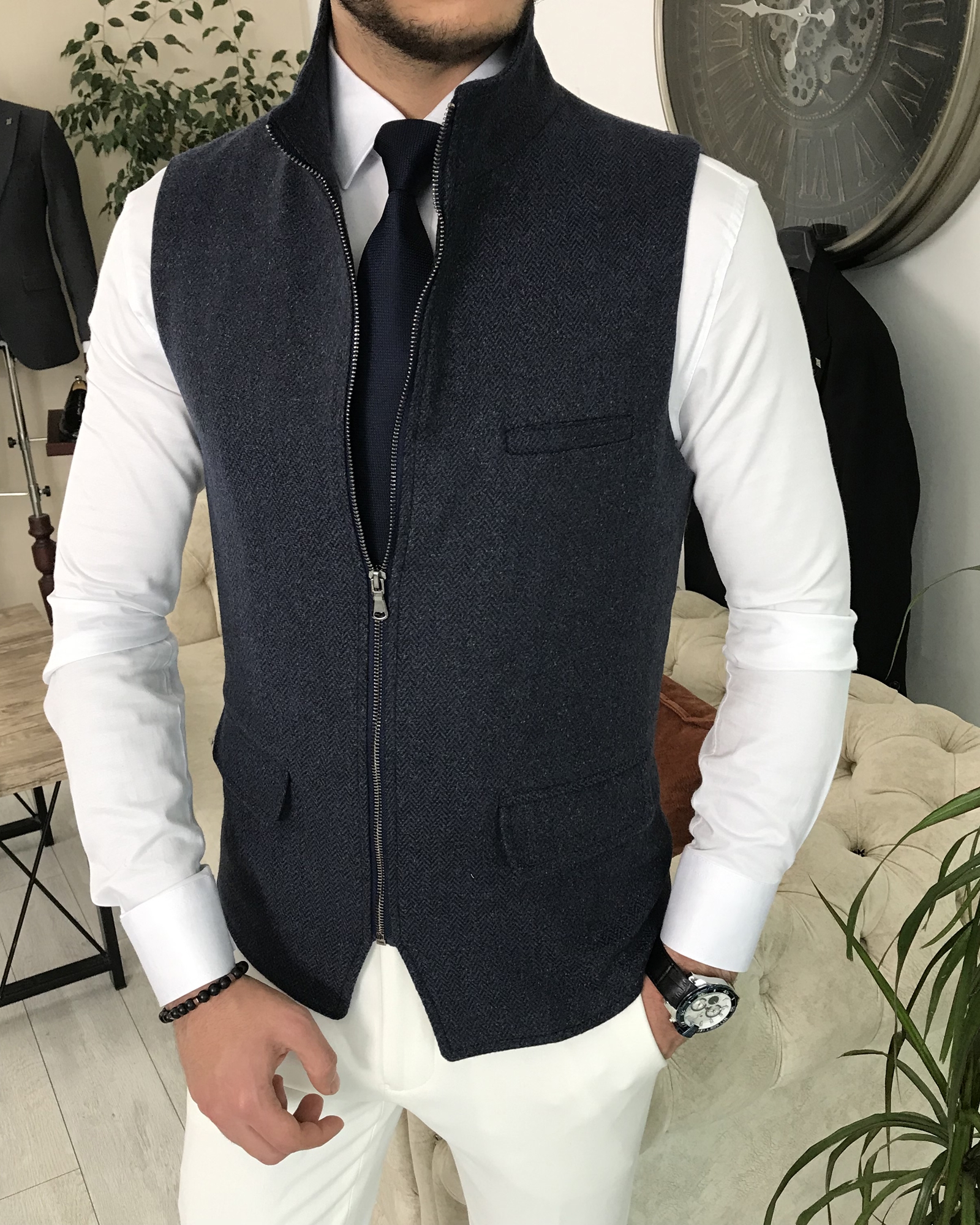 Italian Style Slim Fit Wool Mixed Waistcoat Navy Blue T8414