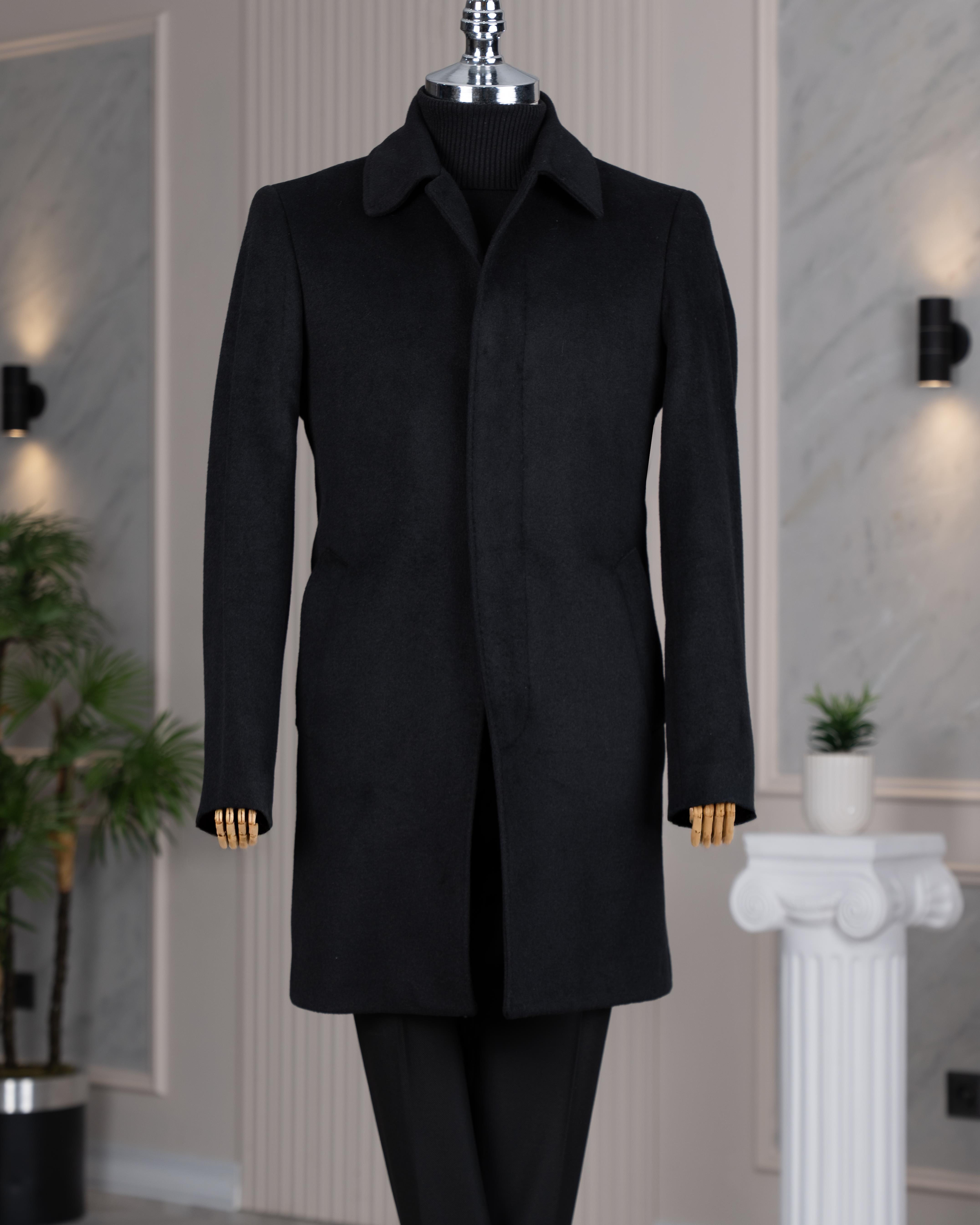 İtalyan stil slim fit yün karışımlı kaşe erkek kaban siyah T14683