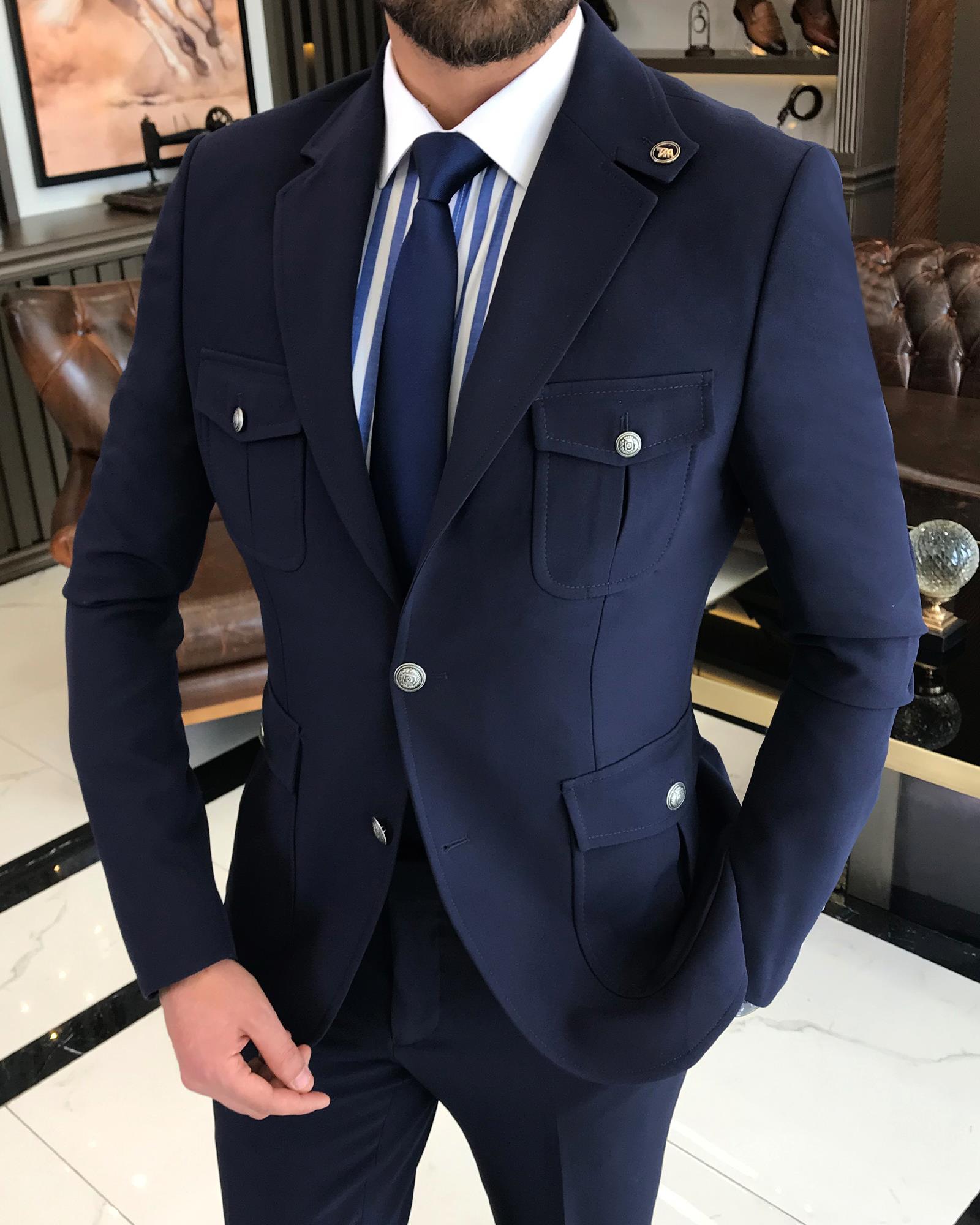 italyan stil slim fit yün karışımlı likralı safari ceket pantolon takım elbise lacivert T9582
